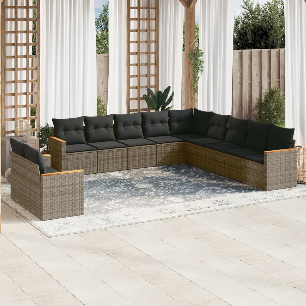 11 Pcs conjunto sofás de jardim c/ almofadões vime PE cinzento