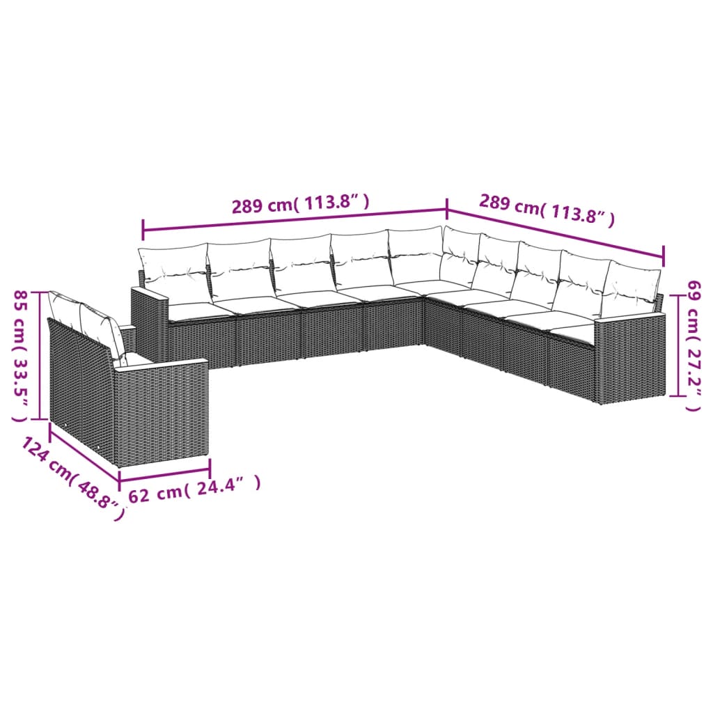 11 Pcs conjunto sofás de jardim c/ almofadões vime PE cinzento