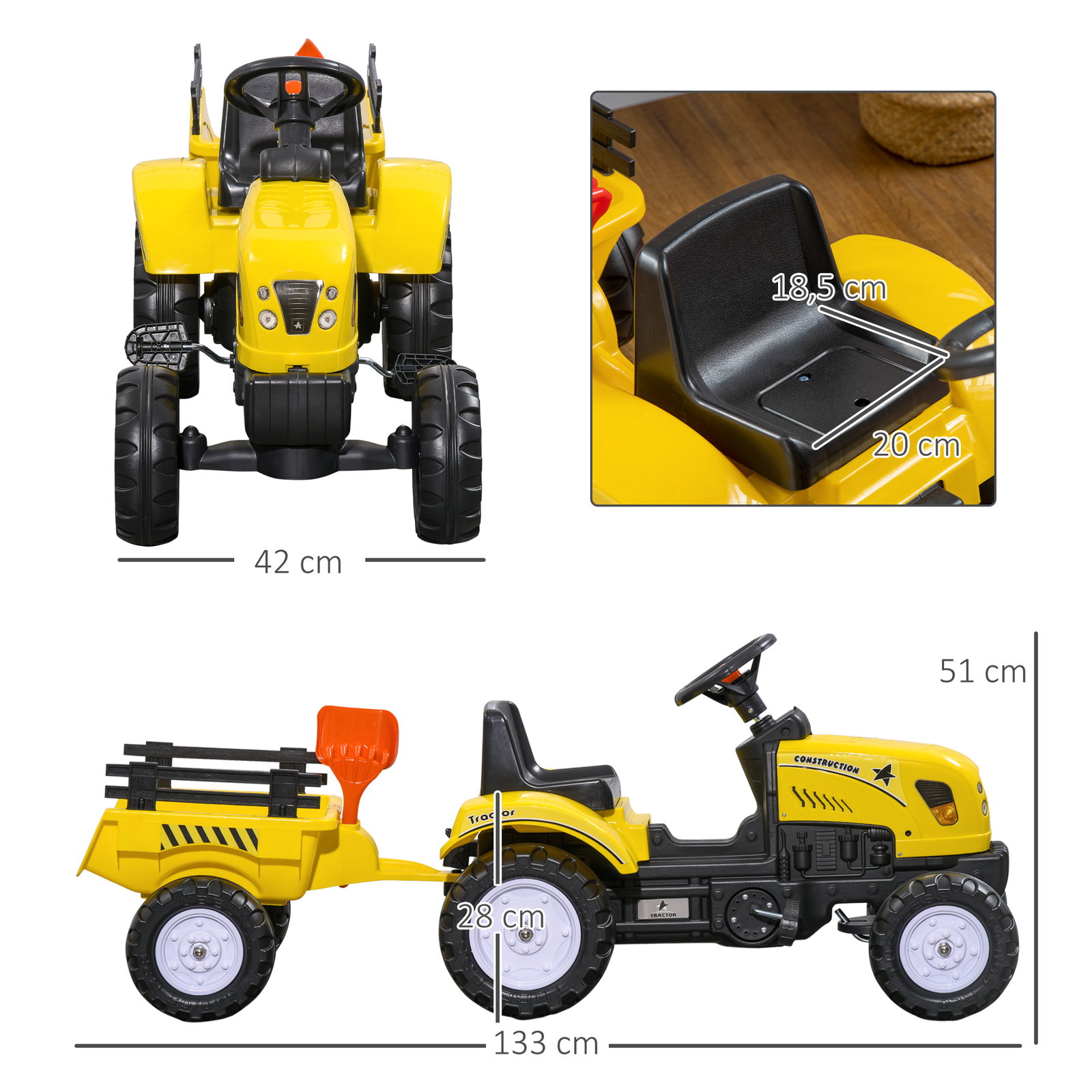 Trator a pedais para crianças acima de 3 anos trator com reboque de pedais para crianças com acessórios 133x42x51 cm amarelo e preto