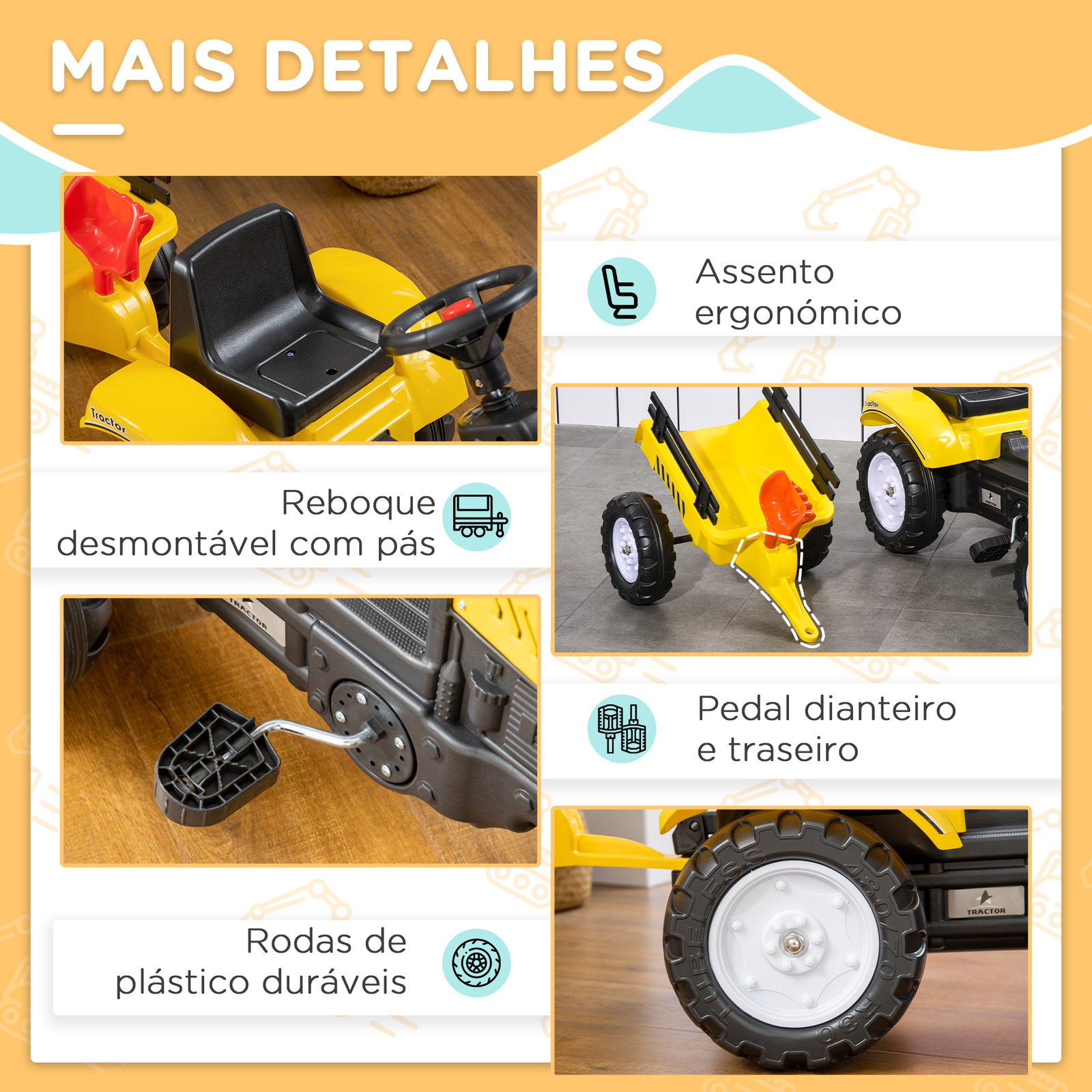 Trator a pedais para crianças acima de 3 anos trator com reboque de pedais para crianças com acessórios 133x42x51 cm amarelo e preto
