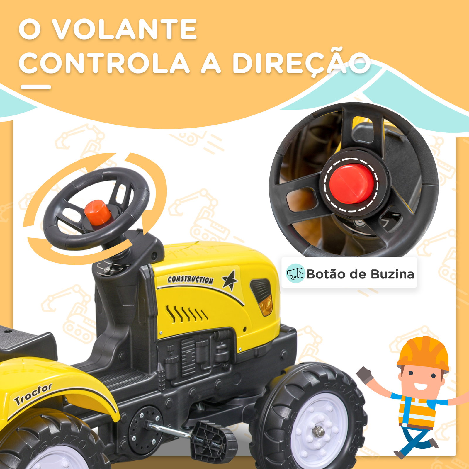 Trator a pedais para crianças acima de 3 anos trator com reboque de pedais para crianças com acessórios 133x42x51 cm amarelo e preto