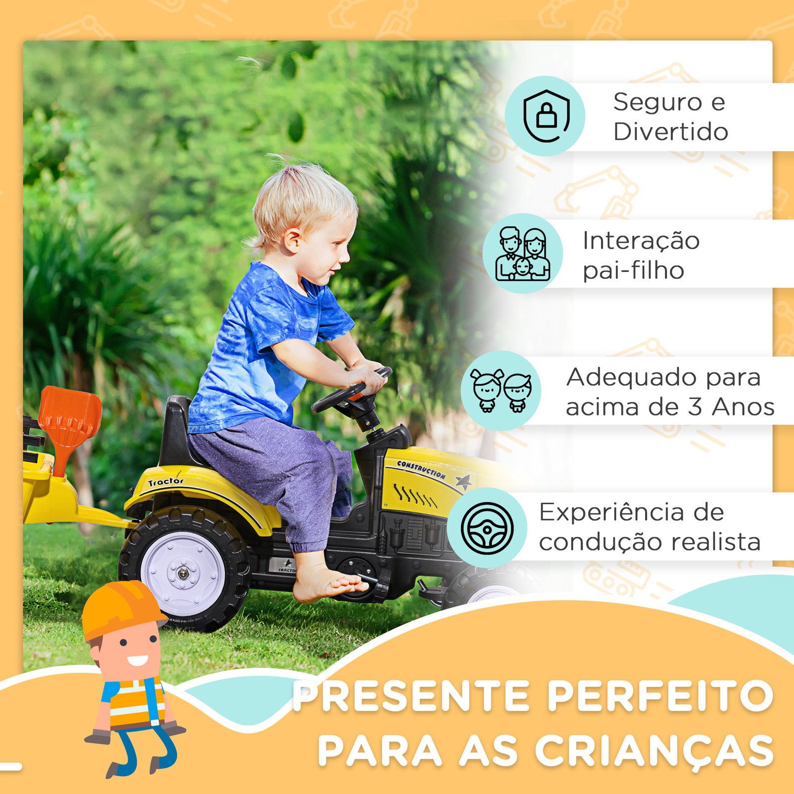 Trator a pedais para crianças acima de 3 anos trator com reboque de pedais para crianças com acessórios 133x42x51 cm amarelo e preto