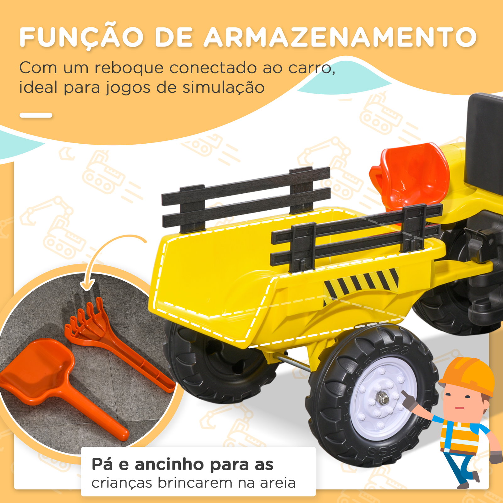 Trator a pedais para crianças acima de 3 anos trator com reboque de pedais para crianças com acessórios 133x42x51 cm amarelo e preto