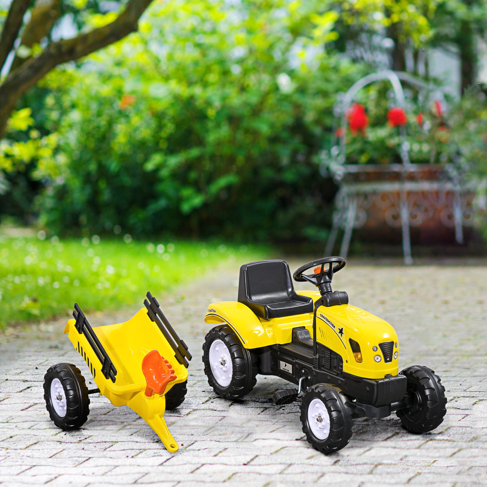 Trator a pedais para crianças acima de 3 anos trator com reboque de pedais para crianças com acessórios 133x42x51 cm amarelo e preto