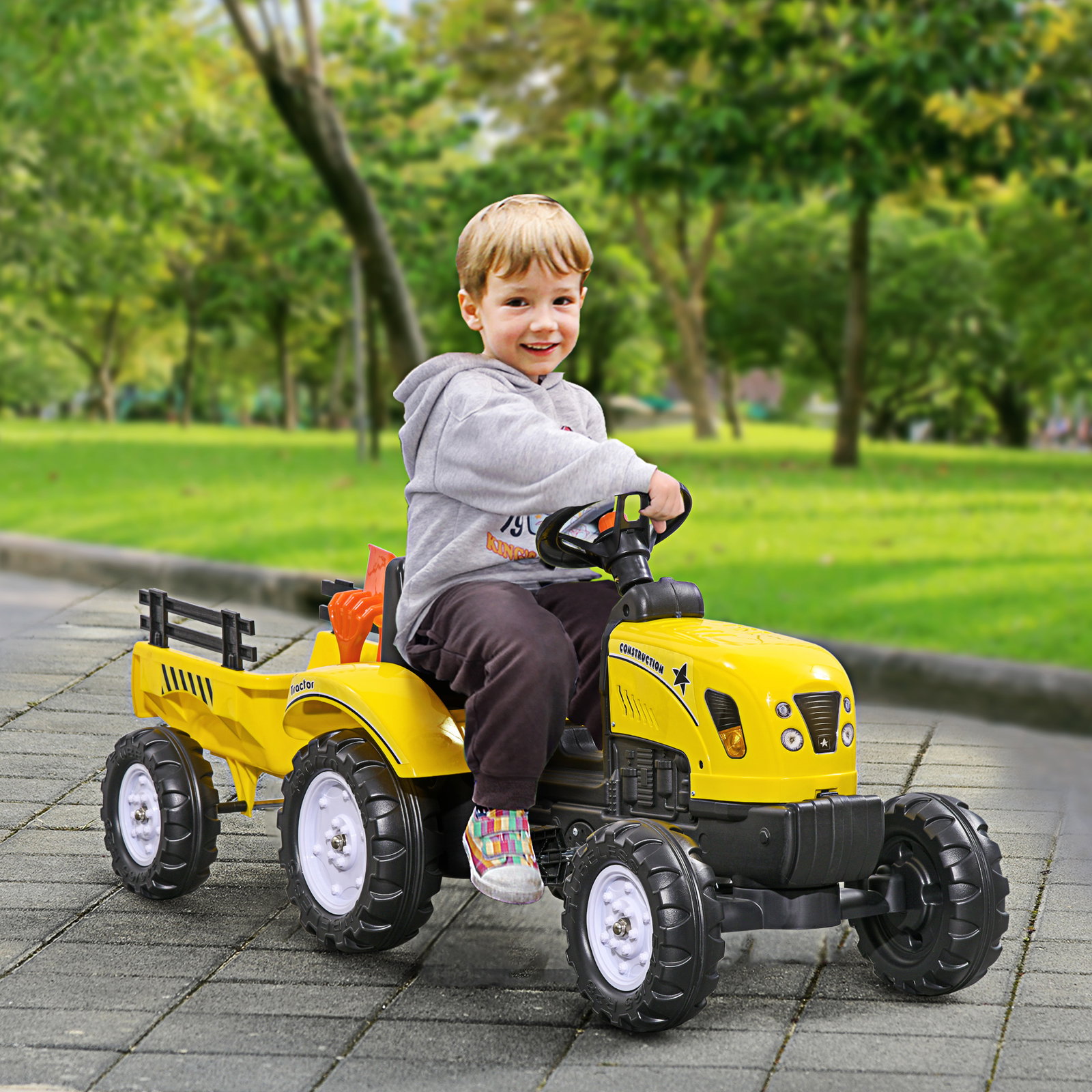 Trator a pedais para crianças acima de 3 anos trator com reboque de pedais para crianças com acessórios 133x42x51 cm amarelo e preto