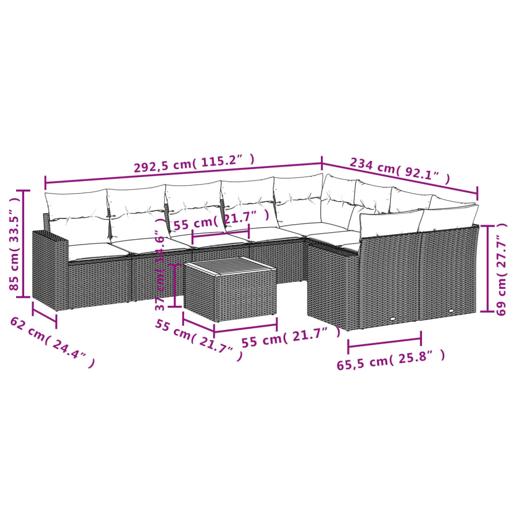 10 Pcs conjunto sofás de jardim c/ almofadões vime PE cinzento