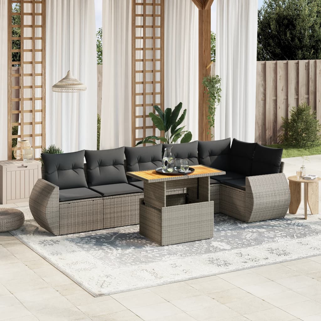 7 Pcs conjunto sofás p/ jardim c/ almofadões vime PE cinzento