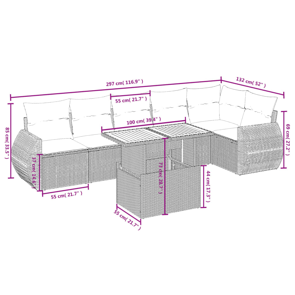 7 Pcs conjunto sofás p/ jardim c/ almofadões vime PE cinzento