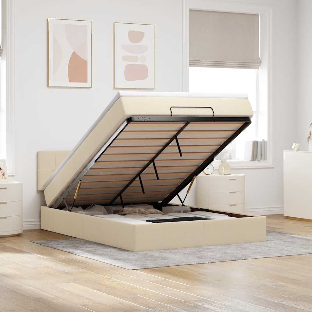 Cama otomana com colchão & leds creme 140x200 cm tecido