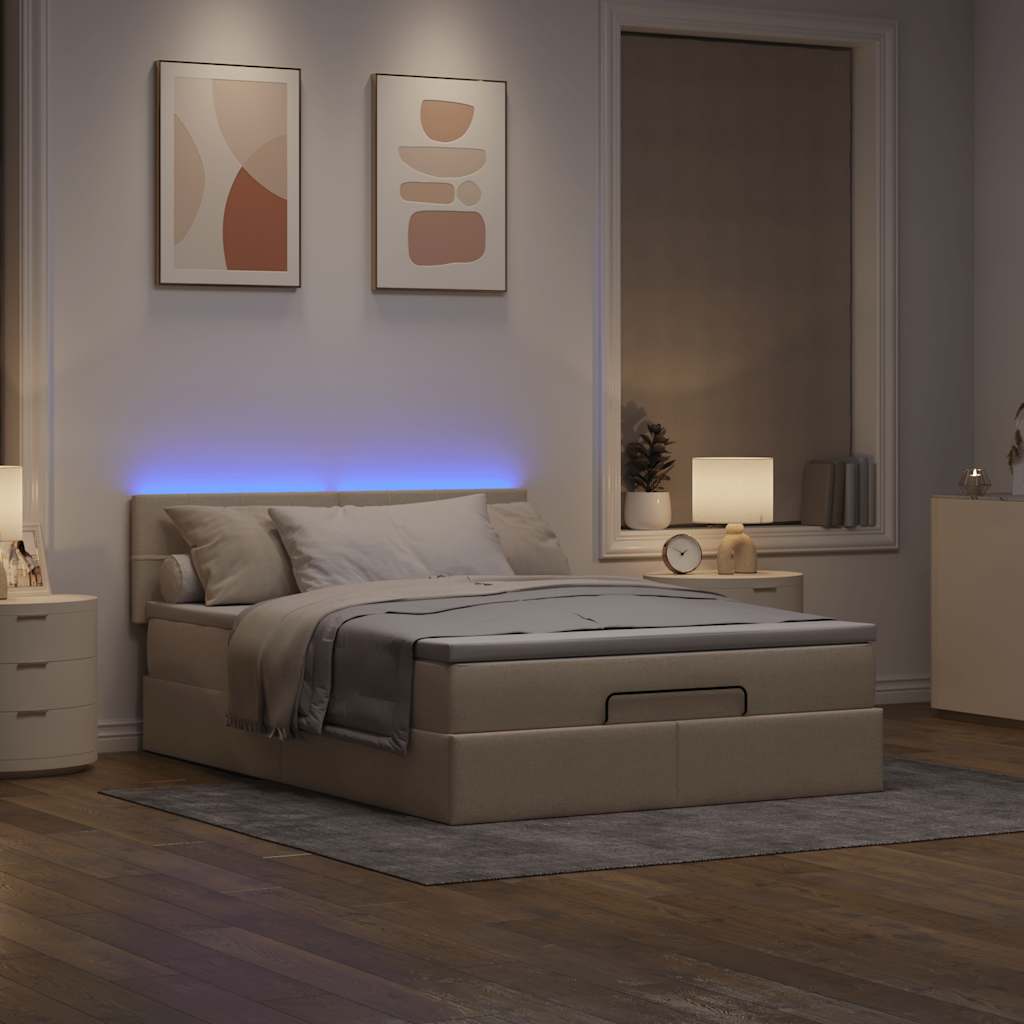 Cama otomana com colchão & leds creme 140x200 cm tecido