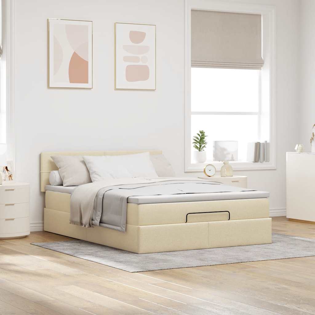 Cama otomana com colchão & leds creme 140x200 cm tecido