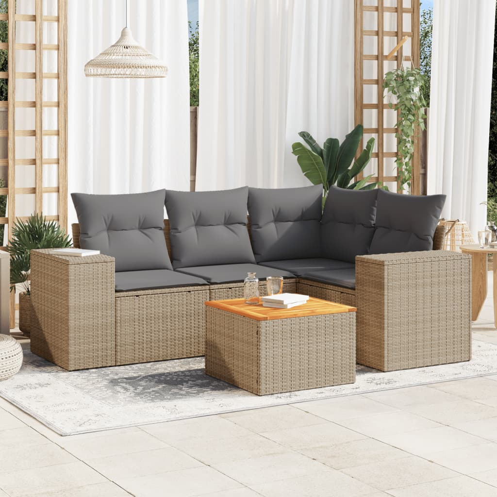 5 Pcs conjunto de sofás p/ jardim com almofadões vime PE bege