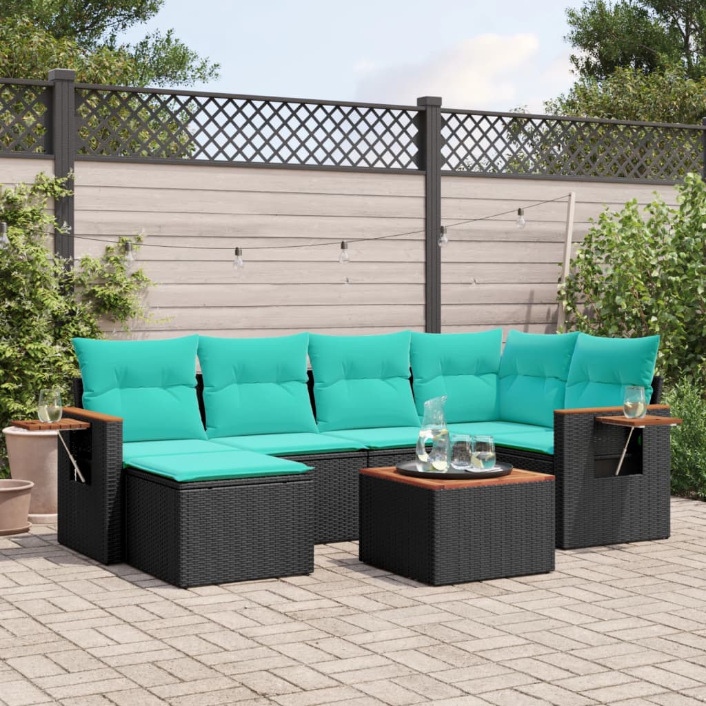 7 Pcs conjunto de sofás p/ jardim c/ almofadões vime PE preto