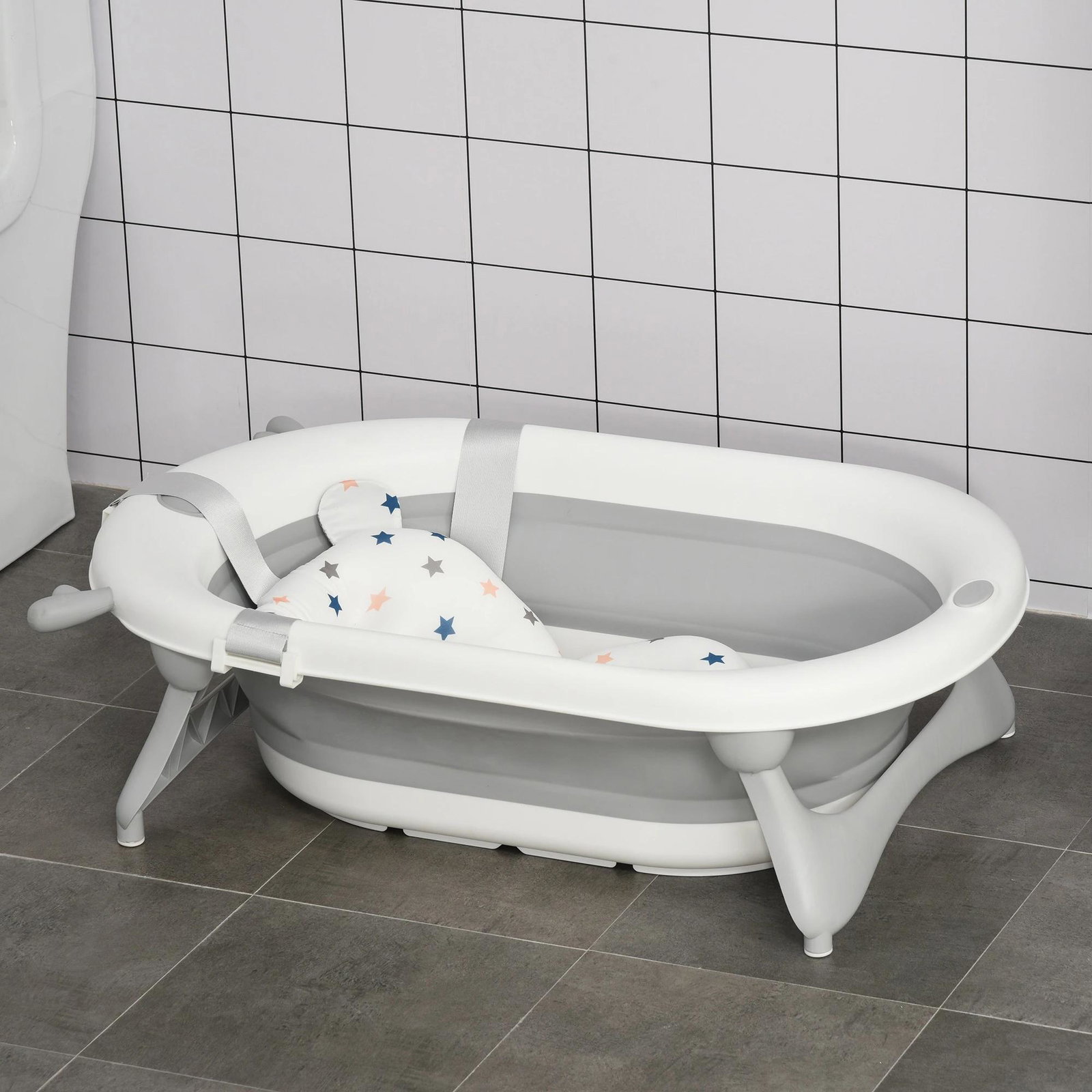 Banheira para bebé recém nascido até 3 anos dobrável 30 litros com tampa termossensível e almofada confortável almofadas antiderrapantes 81,5x50,5x23,5cm cinza e branco