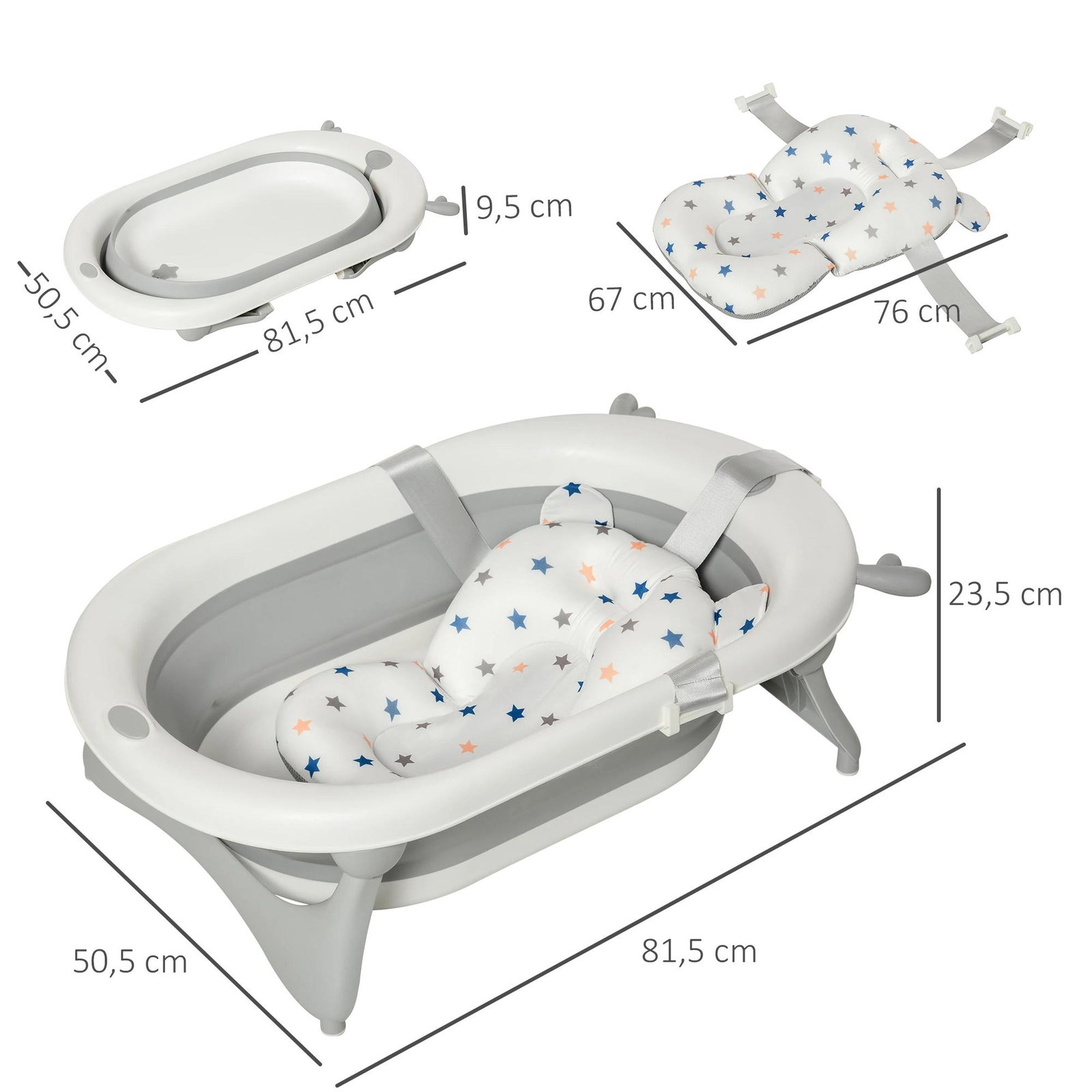 Banheira para bebé recém nascido até 3 anos dobrável 30 litros com tampa termossensível e almofada confortável almofadas antiderrapantes 81,5x50,5x23,5cm cinza e branco