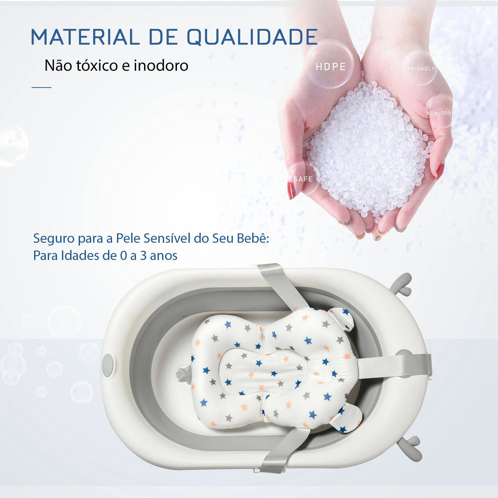 Banheira para bebé recém nascido até 3 anos dobrável 30 litros com tampa termossensível e almofada confortável almofadas antiderrapantes 81,5x50,5x23,5cm cinza e branco