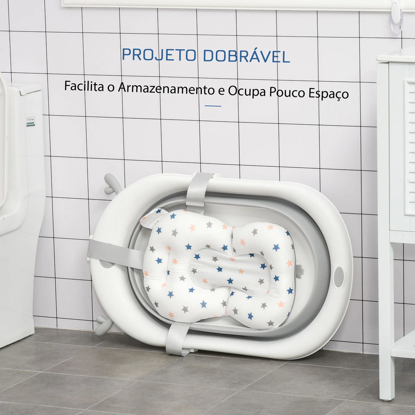 Banheira para bebé recém nascido até 3 anos dobrável 30 litros com tampa termossensível e almofada confortável almofadas antiderrapantes 81,5x50,5x23,5cm cinza e branco
