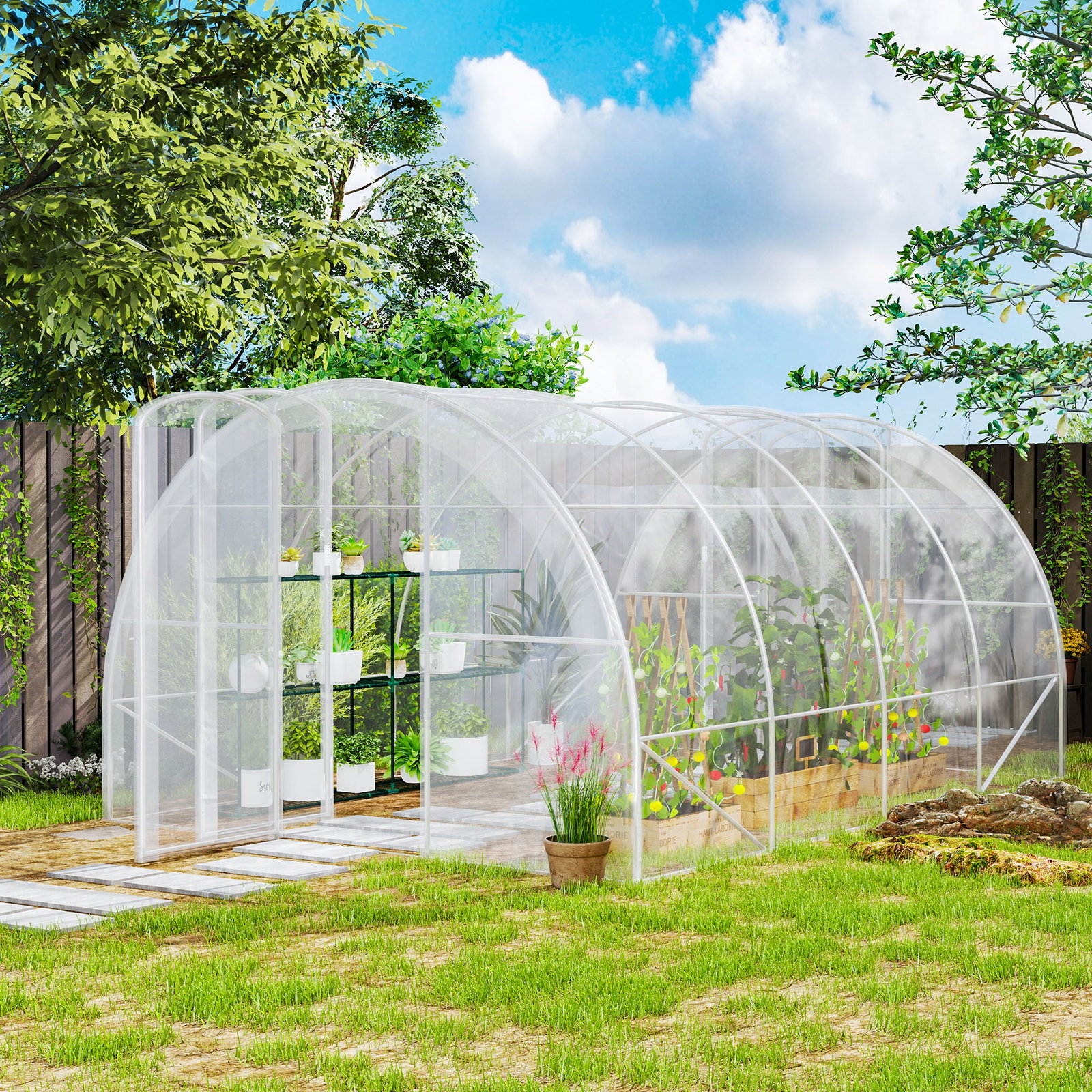 Estufa de túnel 395x295x195 cm estufa de jardim com 2 portas estufa para horticultura com teto arredondado transparente