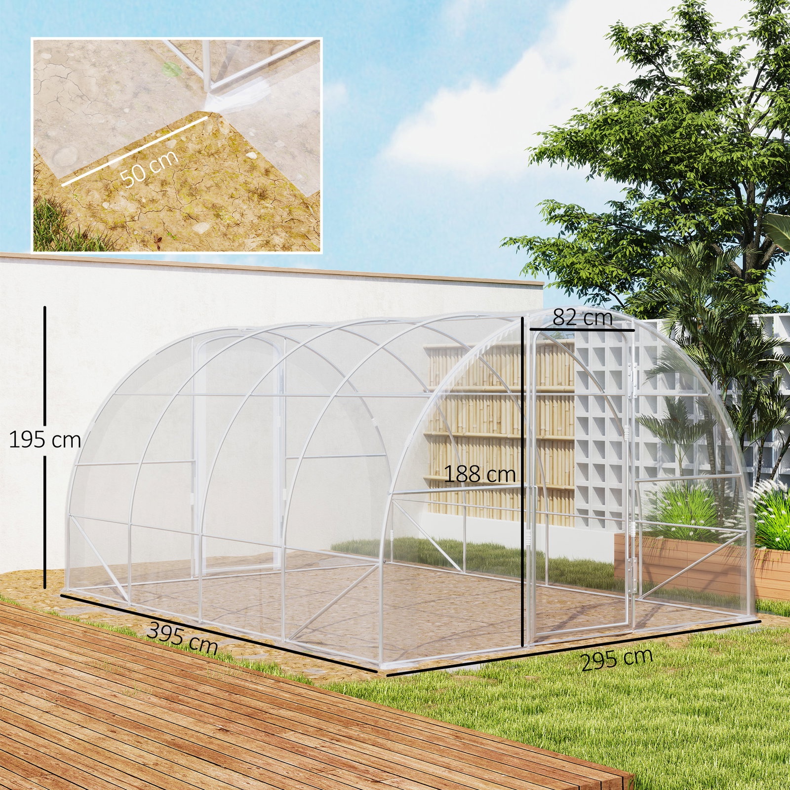 Estufa de túnel 395x295x195 cm estufa de jardim com 2 portas estufa para horticultura com teto arredondado transparente