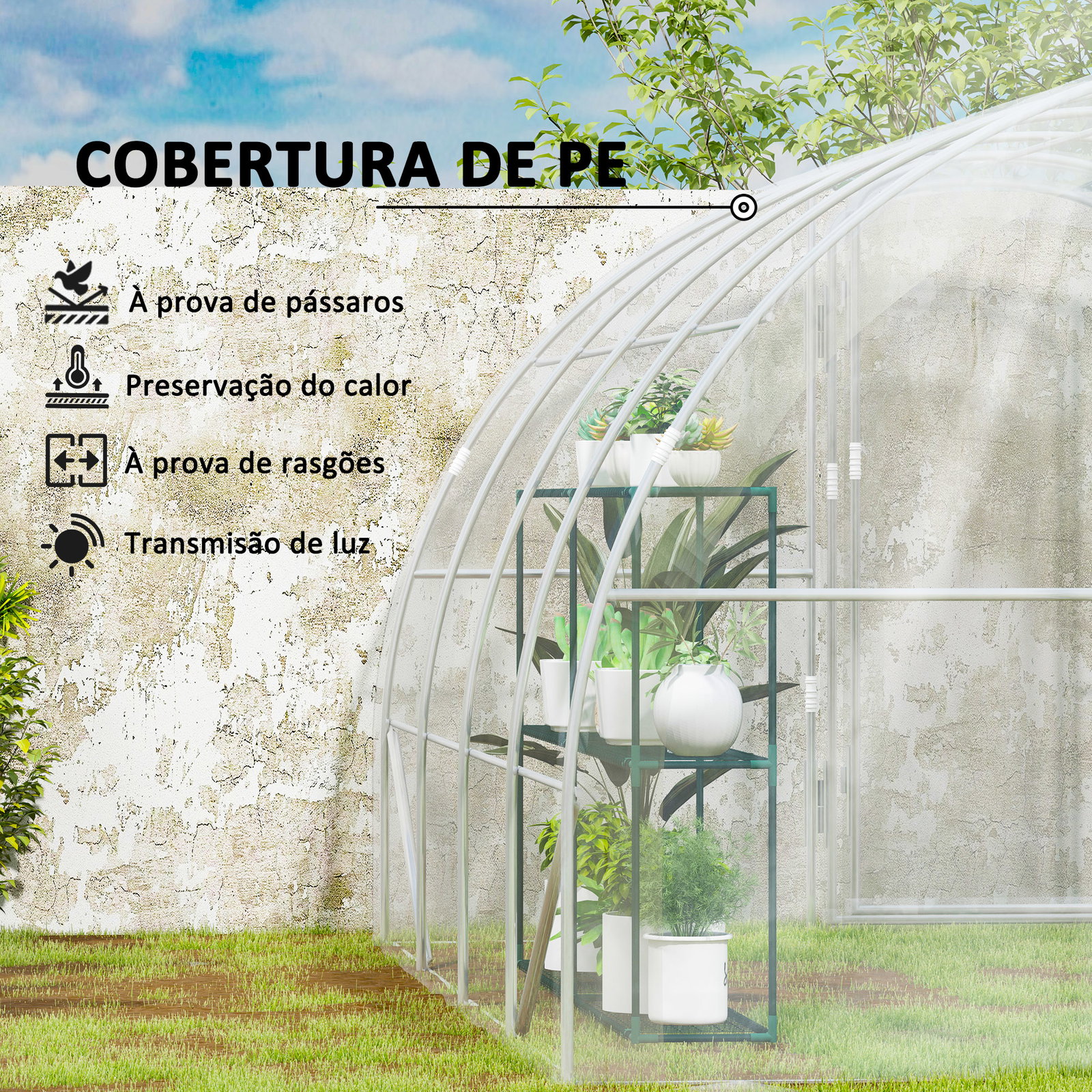 Estufa de túnel 395x295x195 cm estufa de jardim com 2 portas estufa para horticultura com teto arredondado transparente