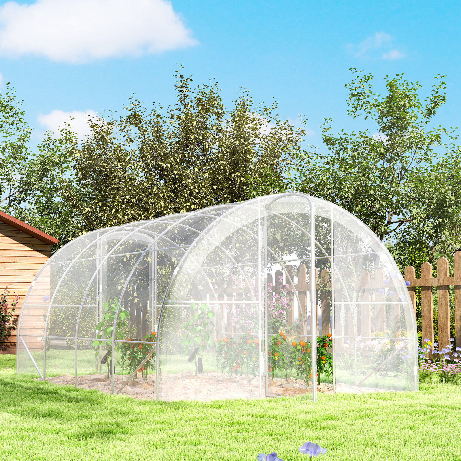 Estufa de túnel 395x295x195 cm estufa de jardim com 2 portas estufa para horticultura com teto arredondado transparente