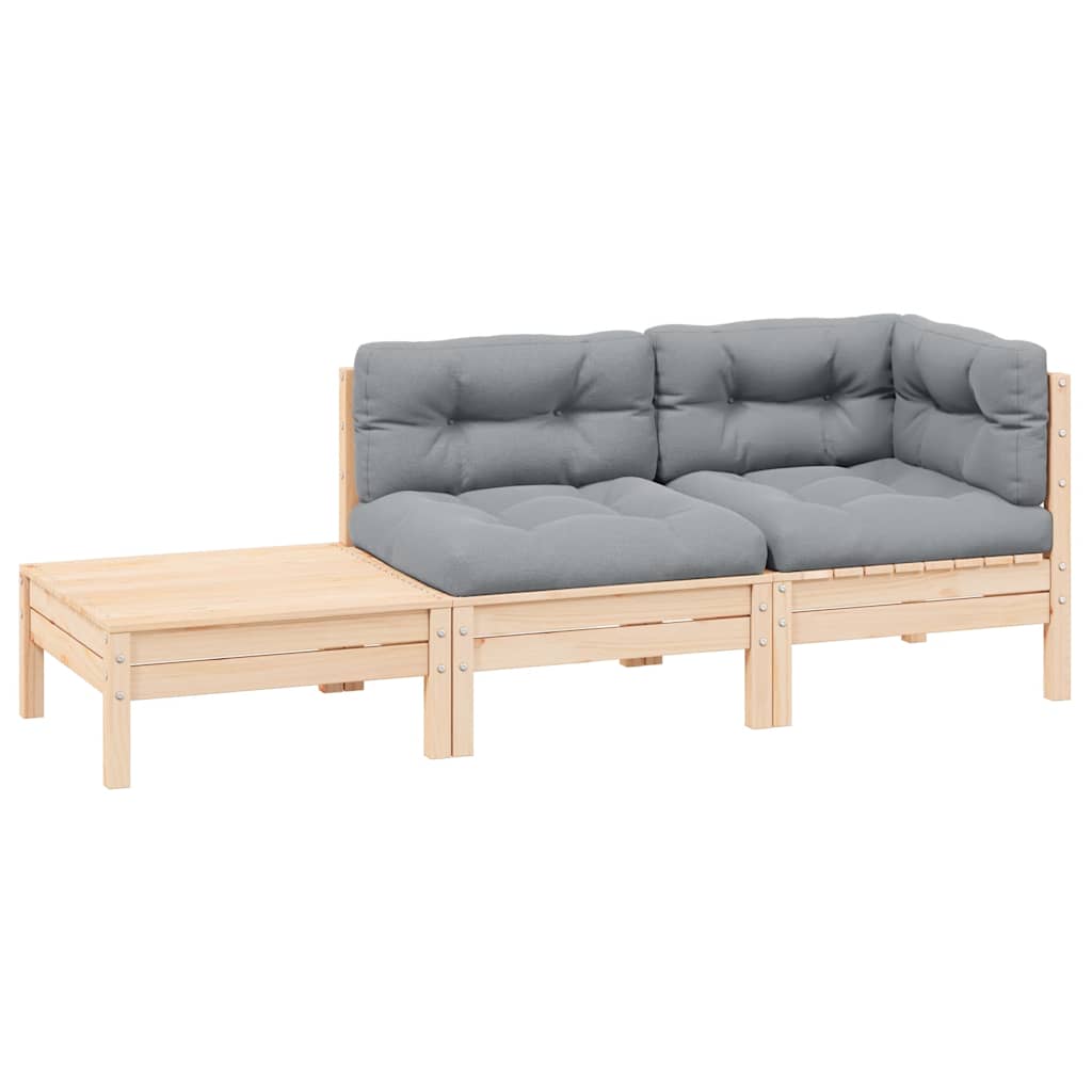3 Pcs conj. lounge jardim c/ almofadões cinzentos pinho maciço