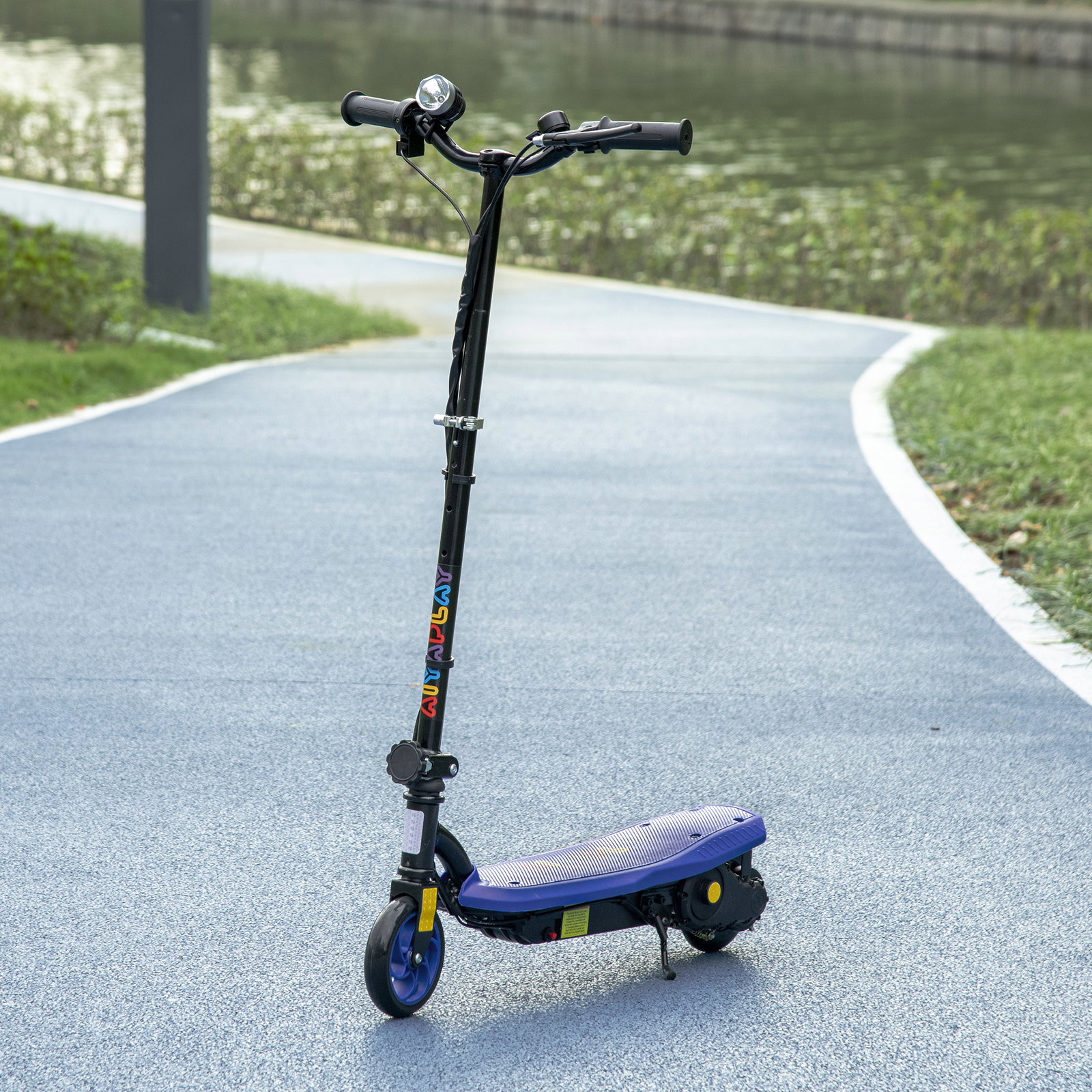 Trotinete elétrica dobrável com velocidade máx. 12 km/h motor 120 w autonomia máxima 10 km e farol LED 75x48x93-105 cm azul