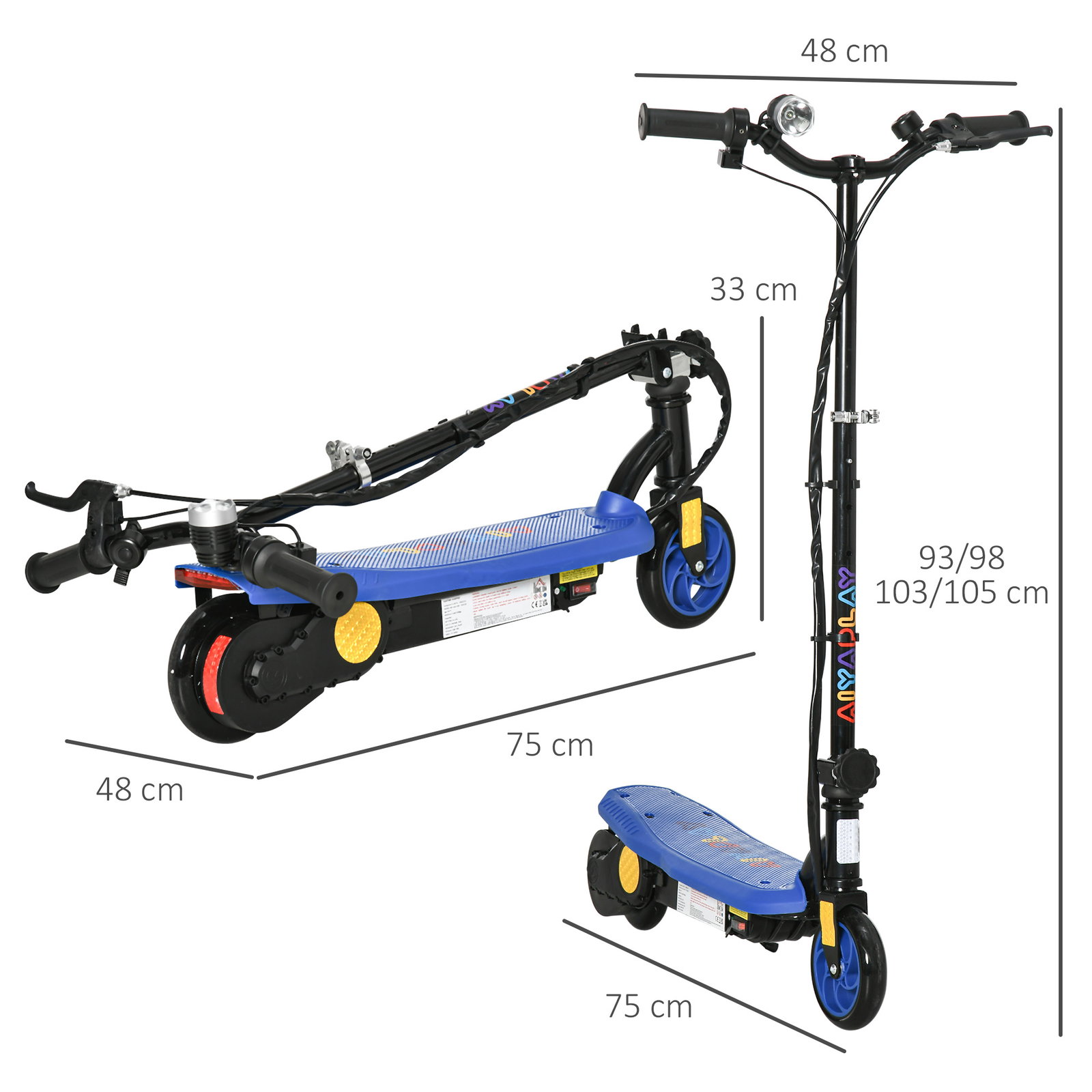Trotinete elétrica dobrável com velocidade máx. 12 km/h motor 120 w autonomia máxima 10 km e farol LED 75x48x93-105 cm azul