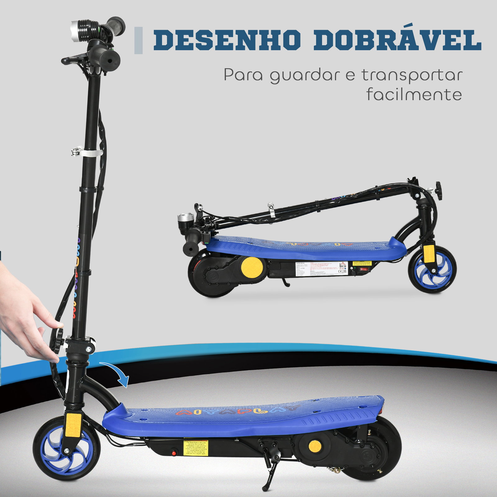 Trotinete elétrica dobrável com velocidade máx. 12 km/h motor 120 w autonomia máxima 10 km e farol LED 75x48x93-105 cm azul