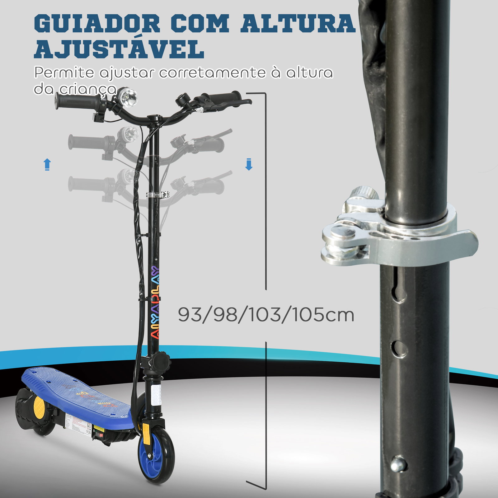 Trotinete elétrica dobrável com velocidade máx. 12 km/h motor 120 w autonomia máxima 10 km e farol LED 75x48x93-105 cm azul