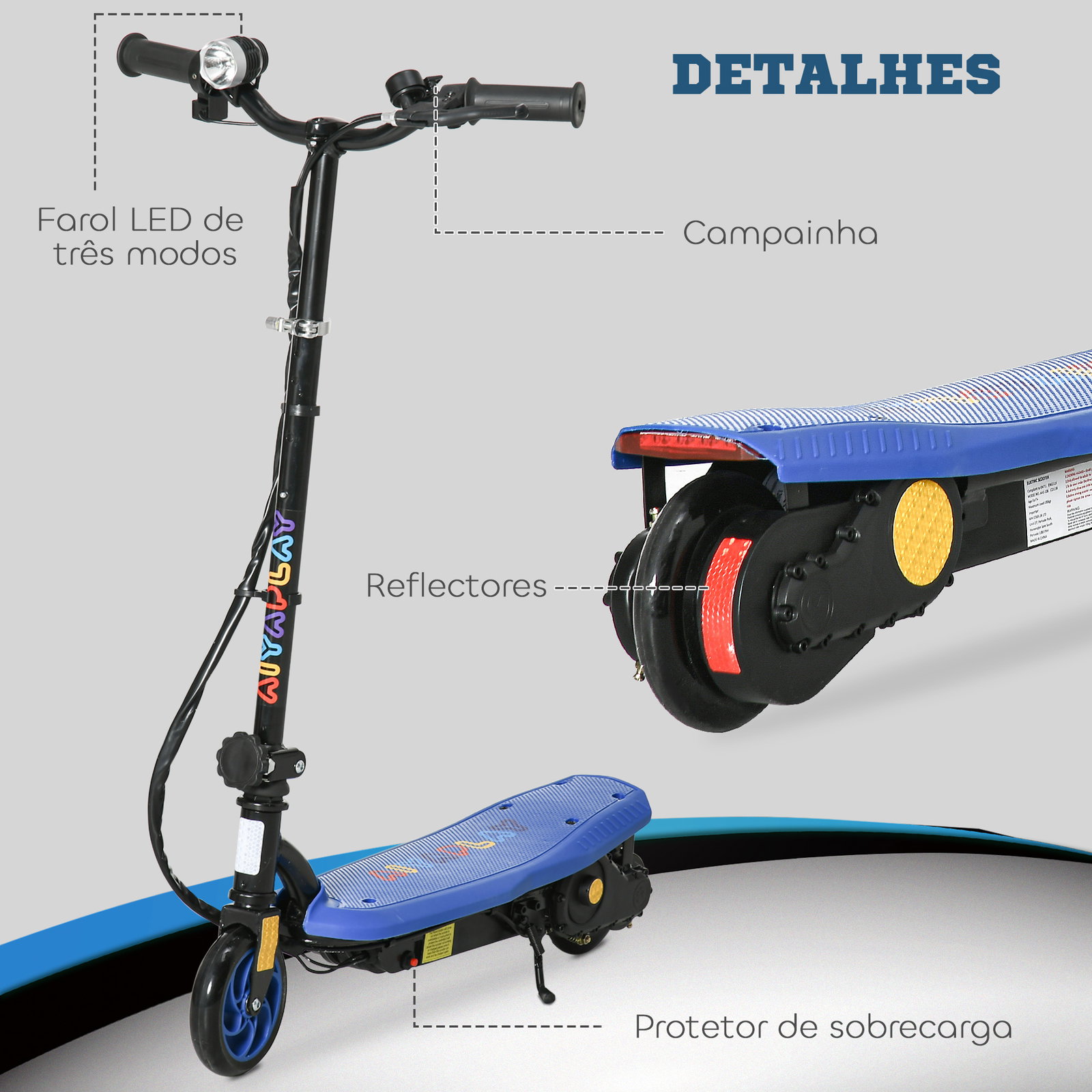 Trotinete elétrica dobrável com velocidade máx. 12 km/h motor 120 w autonomia máxima 10 km e farol LED 75x48x93-105 cm azul