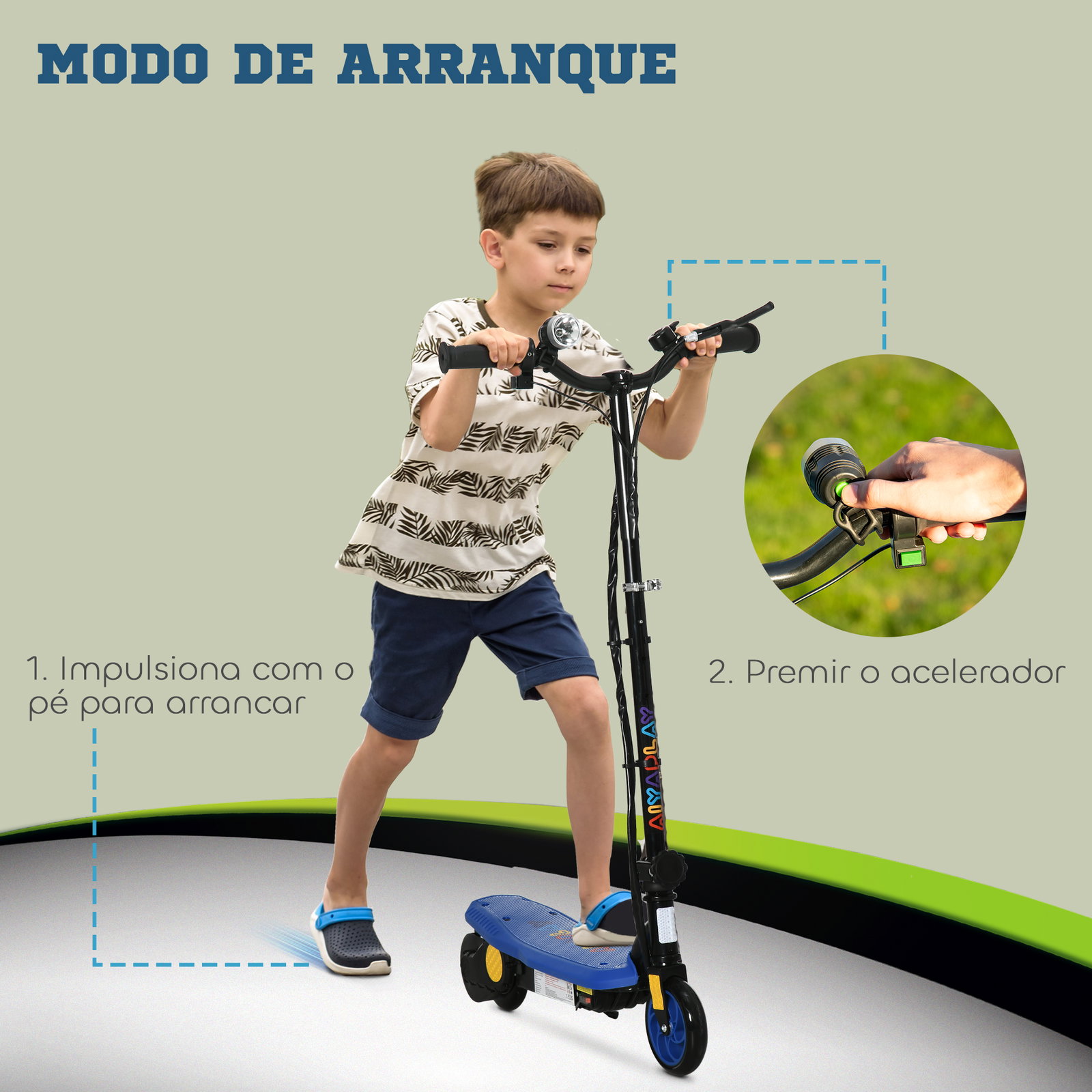 Trotinete elétrica dobrável com velocidade máx. 12 km/h motor 120 w autonomia máxima 10 km e farol LED 75x48x93-105 cm azul