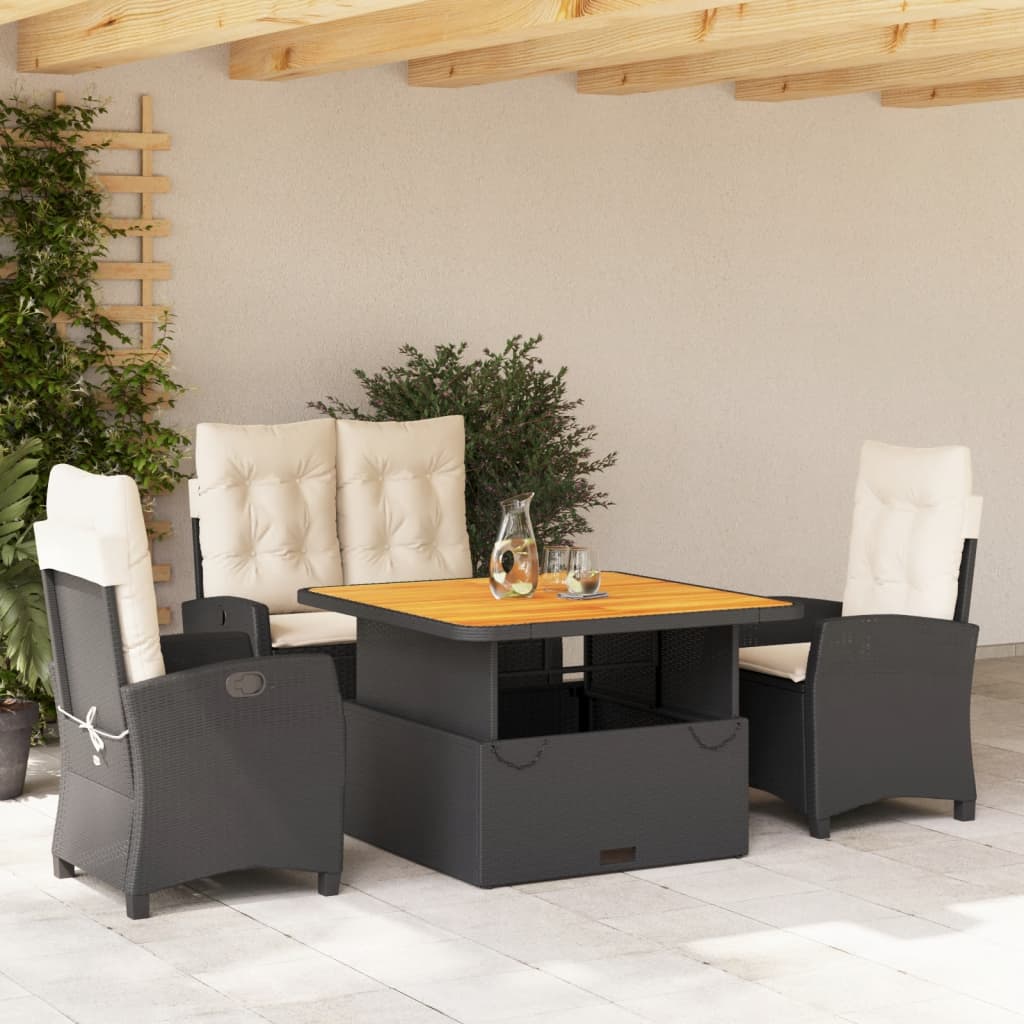 4 Pcs conjunto de jardim p/ jardim c/ almofadões vime PE preto