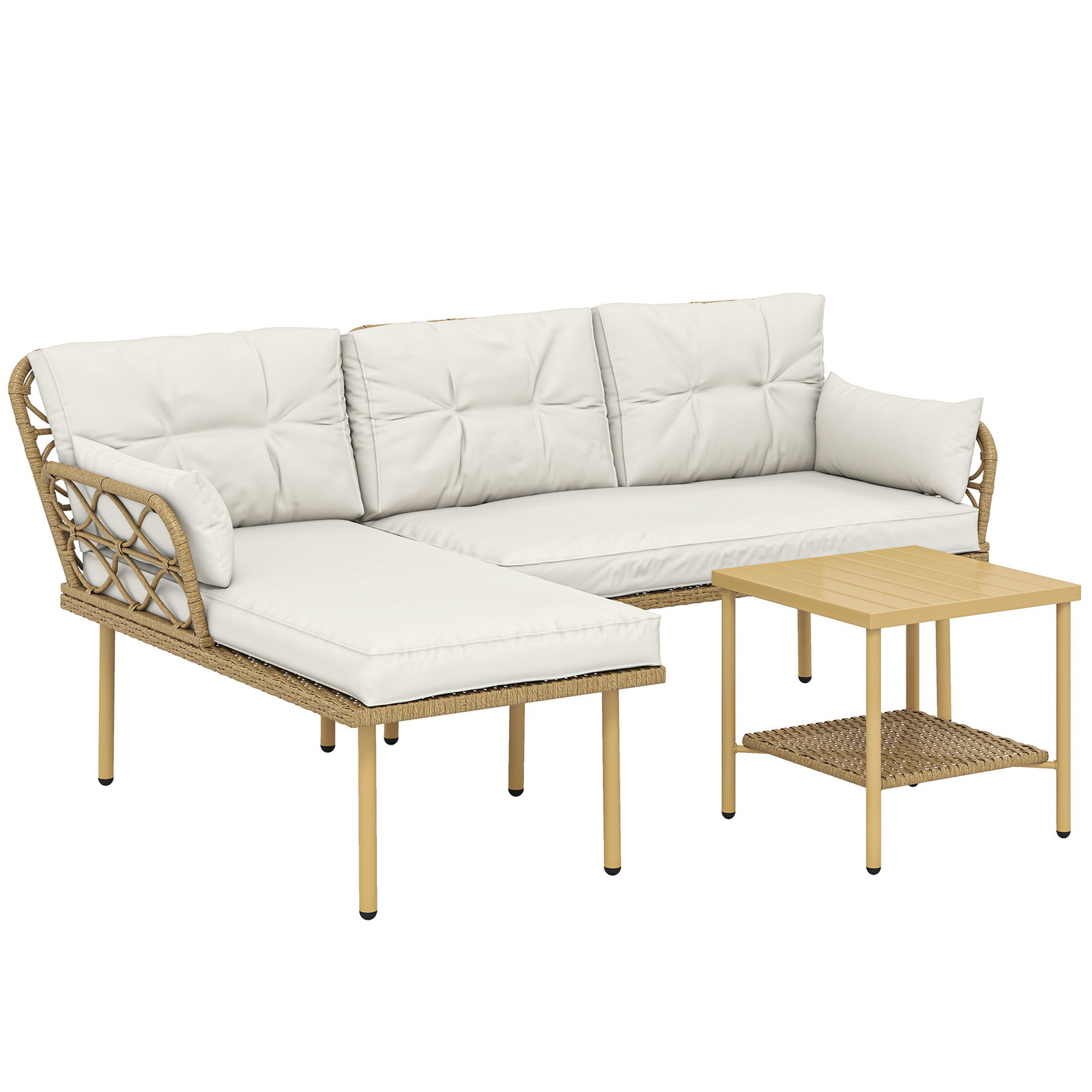 Conjunto de jardim exterior em vime com 1 sofá de dois lugares 1 espreguiçadeira e 1 mesa de centro madeira e creme