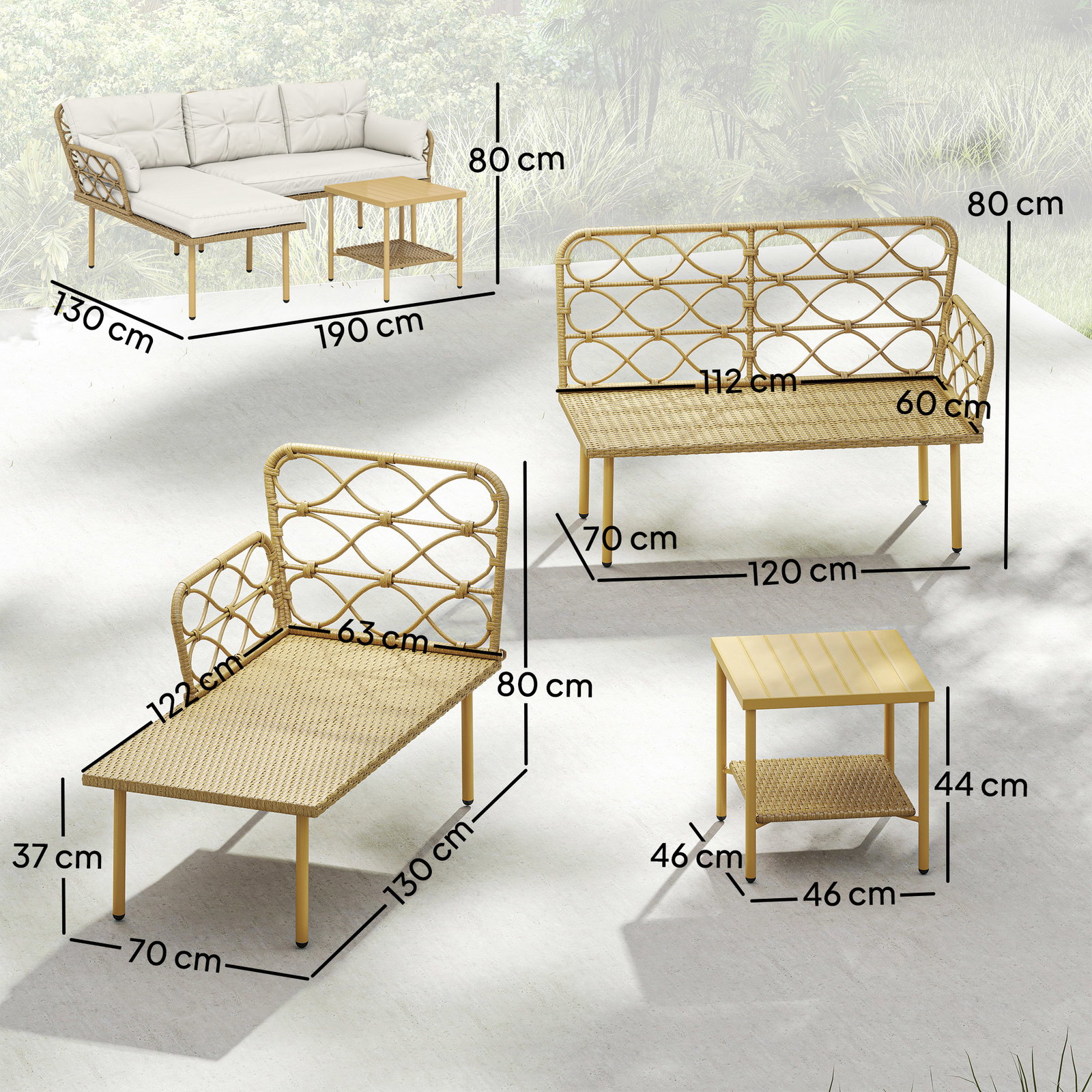Conjunto de jardim exterior em vime com 1 sofá de dois lugares 1 espreguiçadeira e 1 mesa de centro madeira e creme