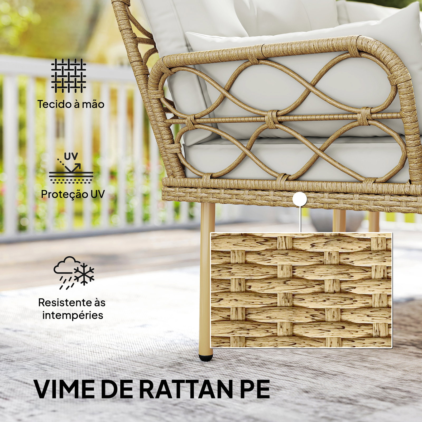 Conjunto de jardim exterior em vime com 1 sofá de dois lugares 1 espreguiçadeira e 1 mesa de centro madeira e creme