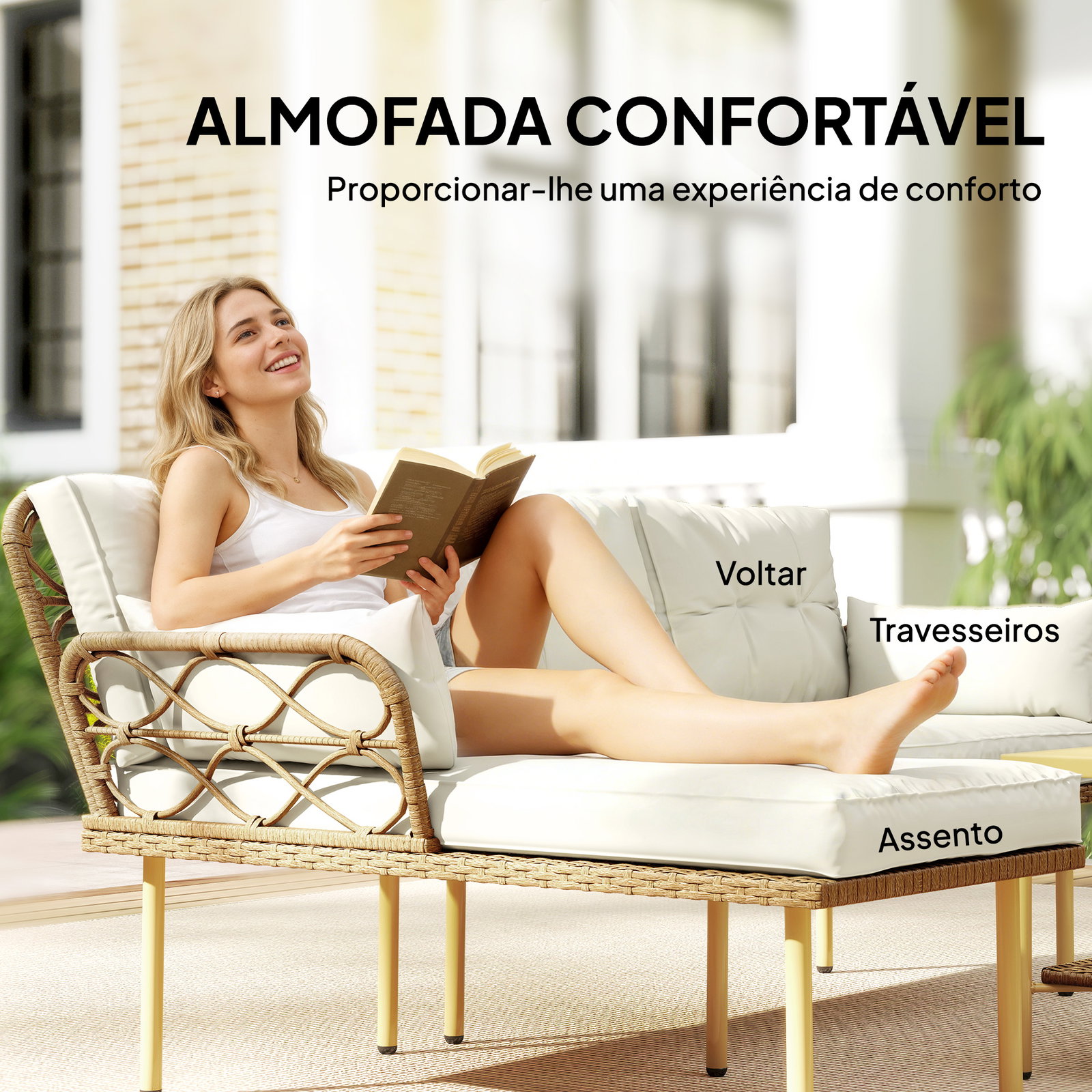 Conjunto de jardim exterior em vime com 1 sofá de dois lugares 1 espreguiçadeira e 1 mesa de centro madeira e creme