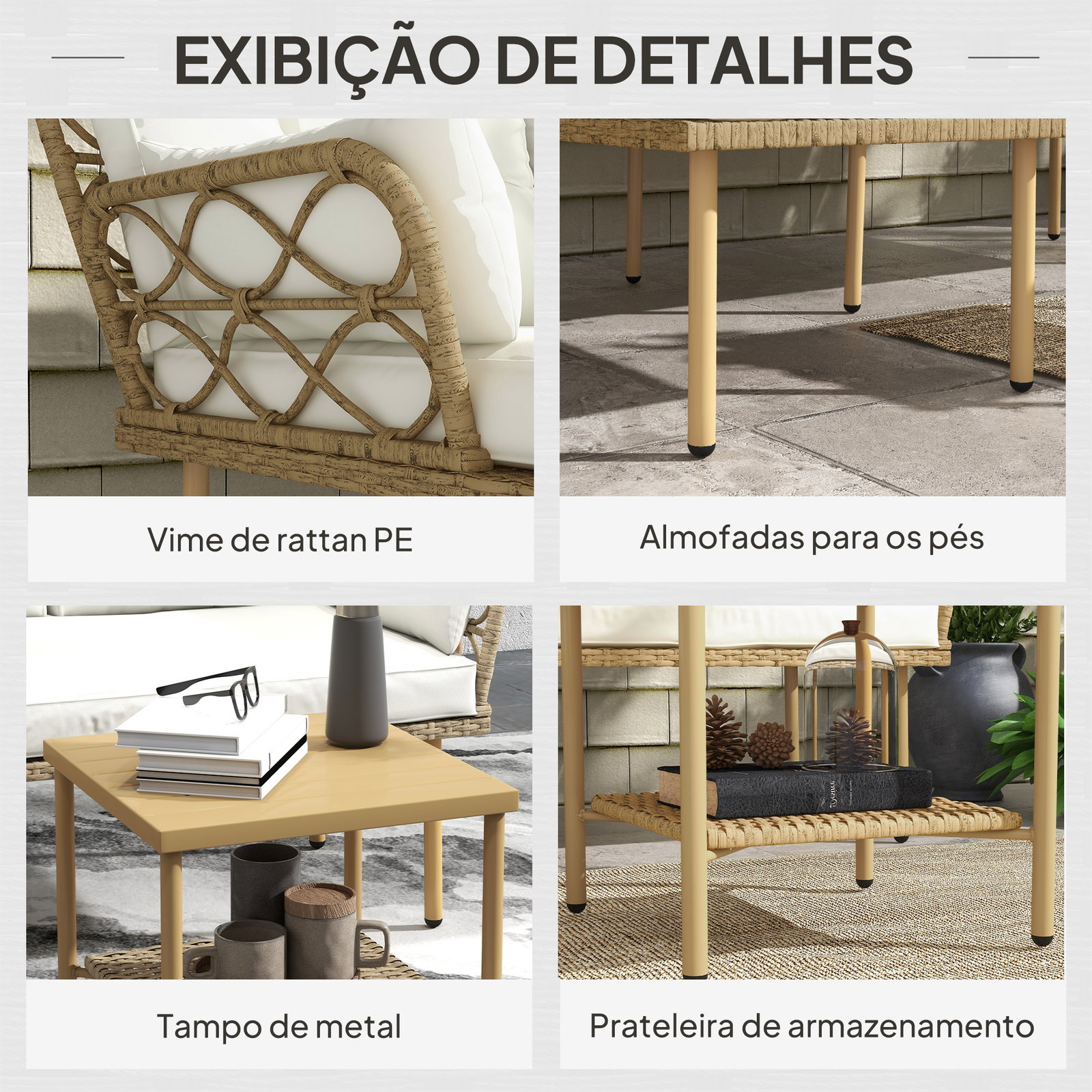 Conjunto de jardim exterior em vime com 1 sofá de dois lugares 1 espreguiçadeira e 1 mesa de centro madeira e creme