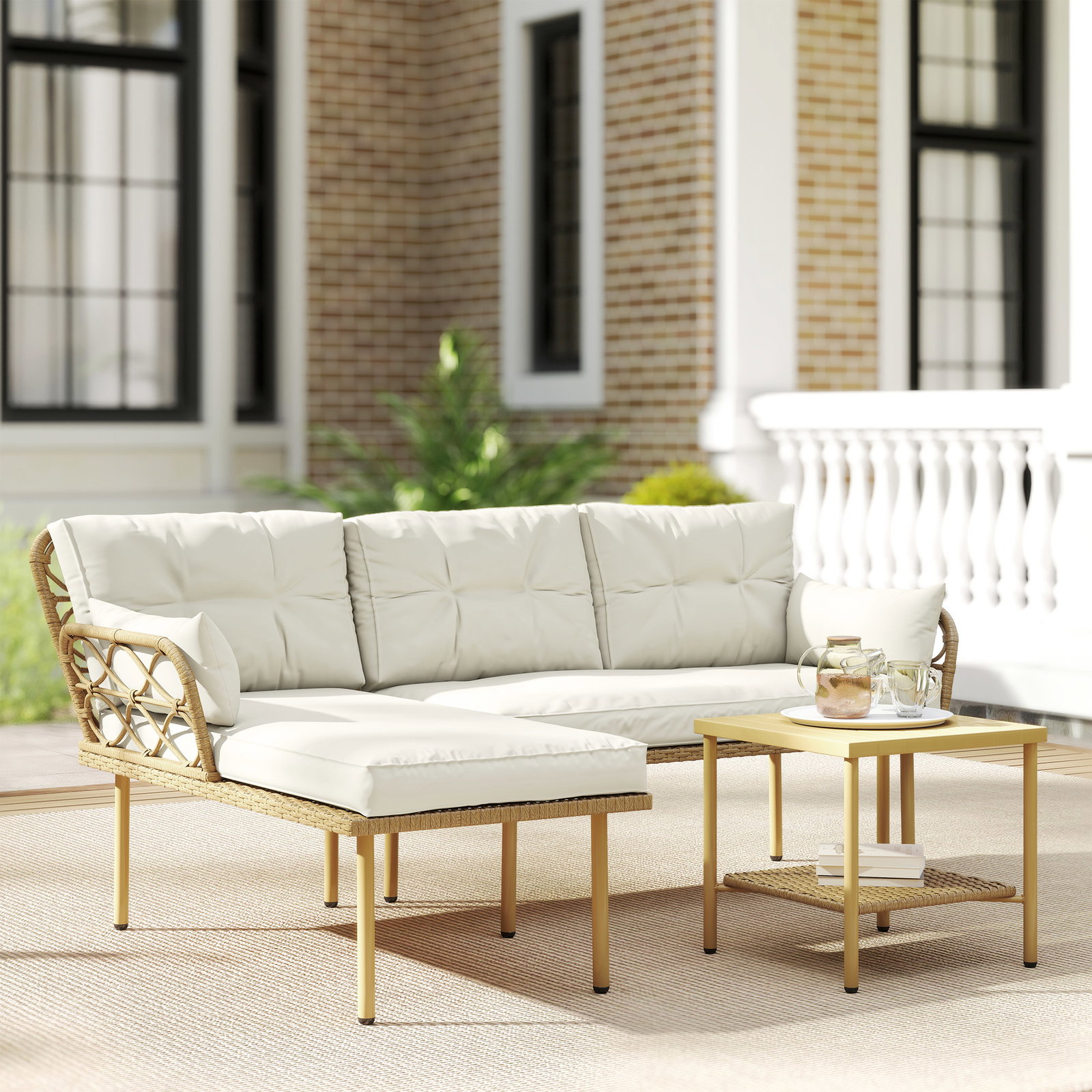 Conjunto de jardim exterior em vime com 1 sofá de dois lugares 1 espreguiçadeira e 1 mesa de centro madeira e creme
