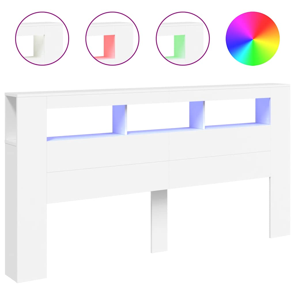 Cabeceira de cama com luzes LED derivados de madeira branco