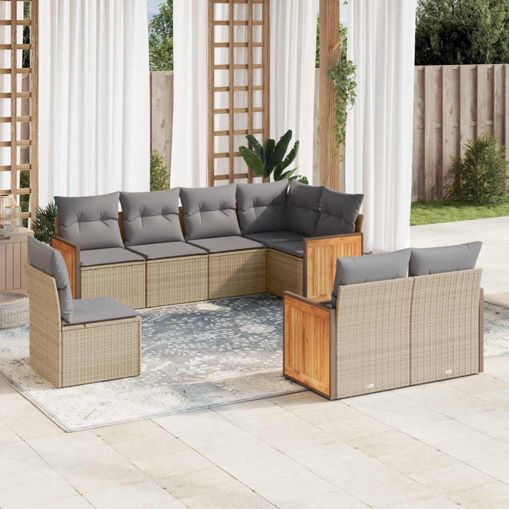8 Pcs conjunto de sofás p/ jardim com almofadões vime PE bege