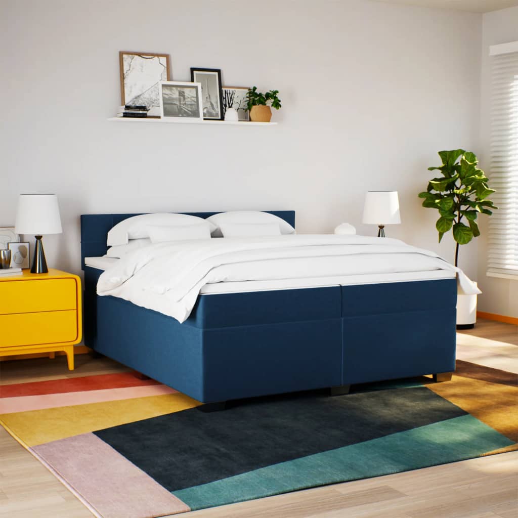 Cama com molas/colchão 200x200 cm tecido azul