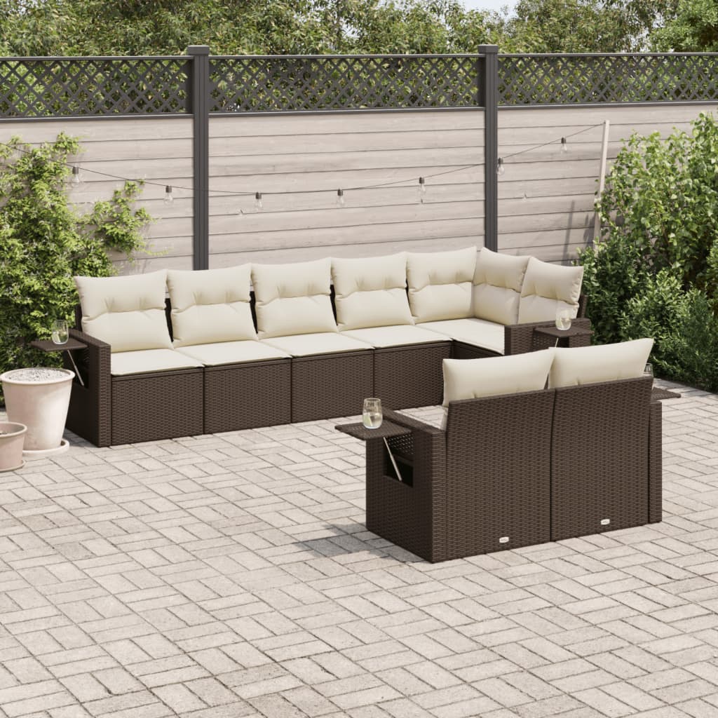 8 Pcs conjunto sofás de jardim c/ almofadões vime PE castanho