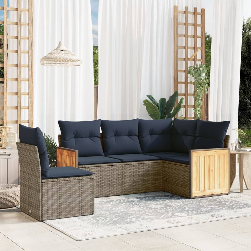 Conjunto de sofá de jardim de 5 peças com almofadas em rattan sintético cinza
