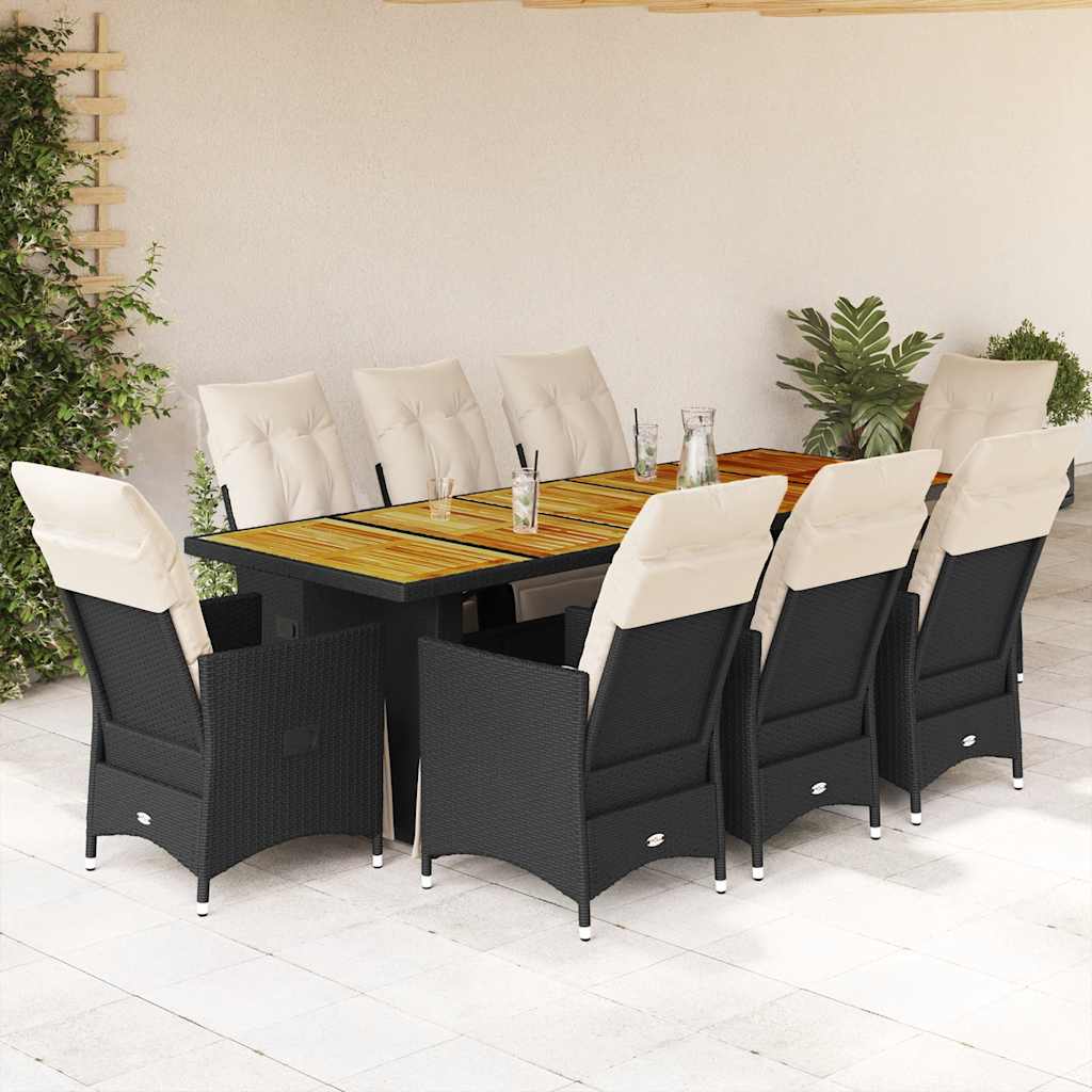 9 Pcs conjunto de bistrô p/ jardim c/ almofadões vime PE preto