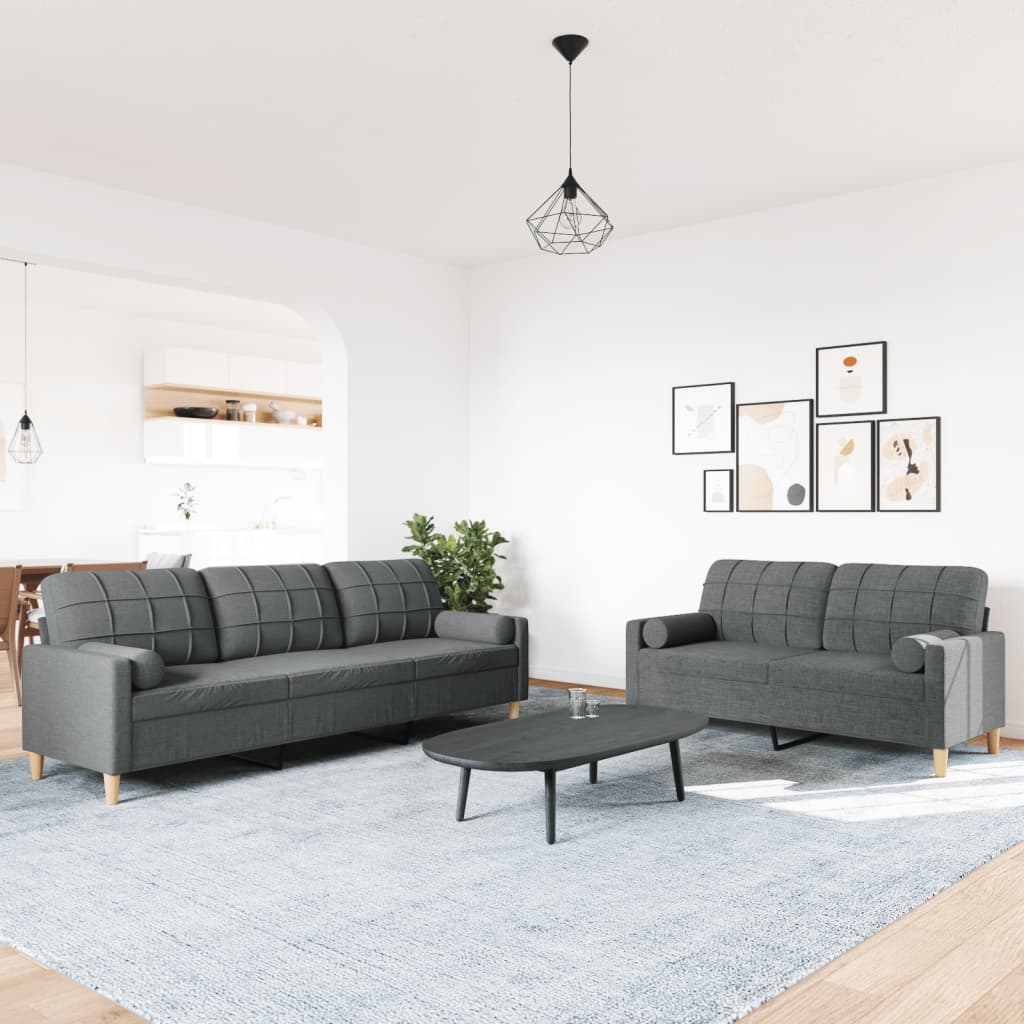 2 Pcs conjunto de sofás com almofadões tecido cinzento-escuro