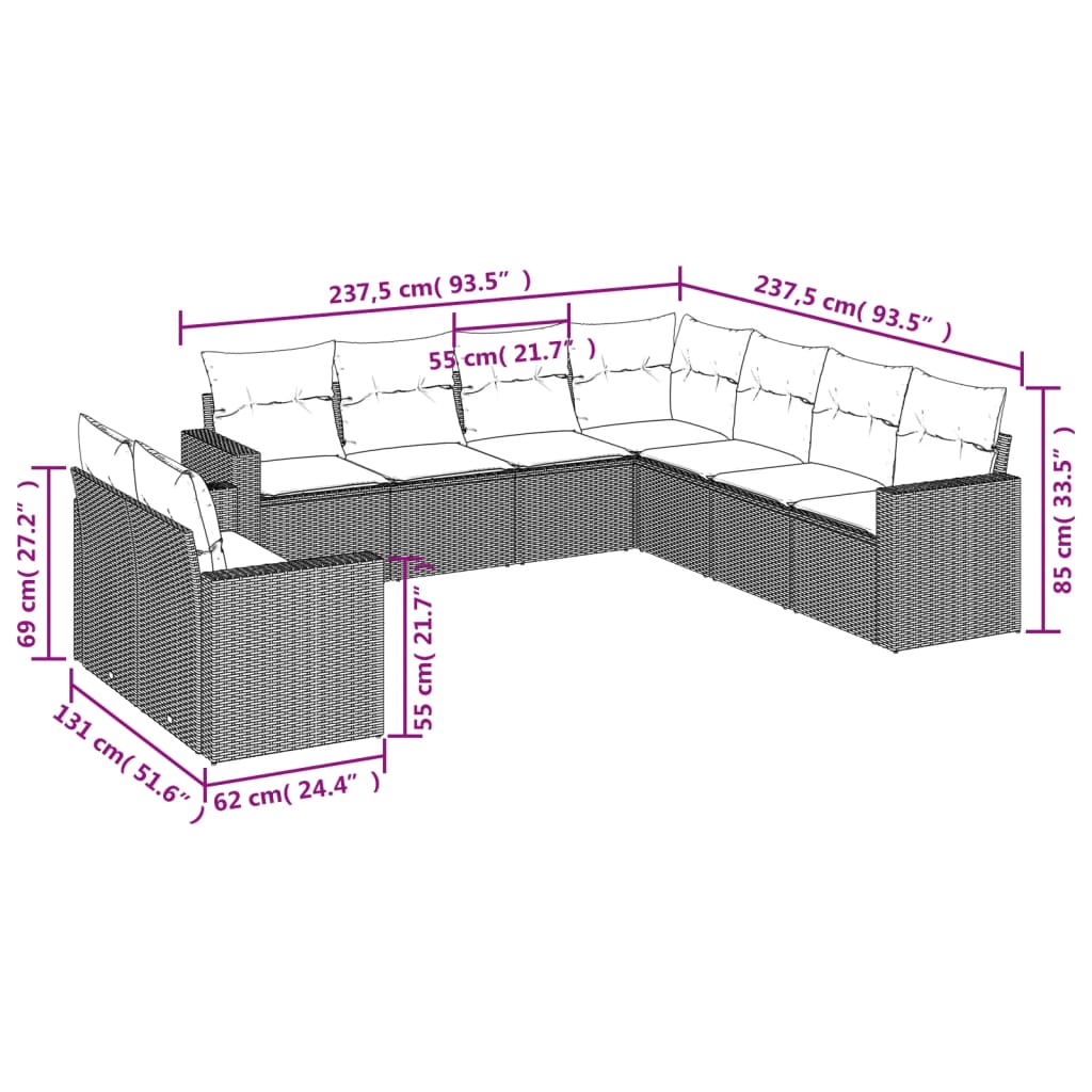 9 Pcs conjunto de sofás p/ jardim c/ almofadões vime PE preto