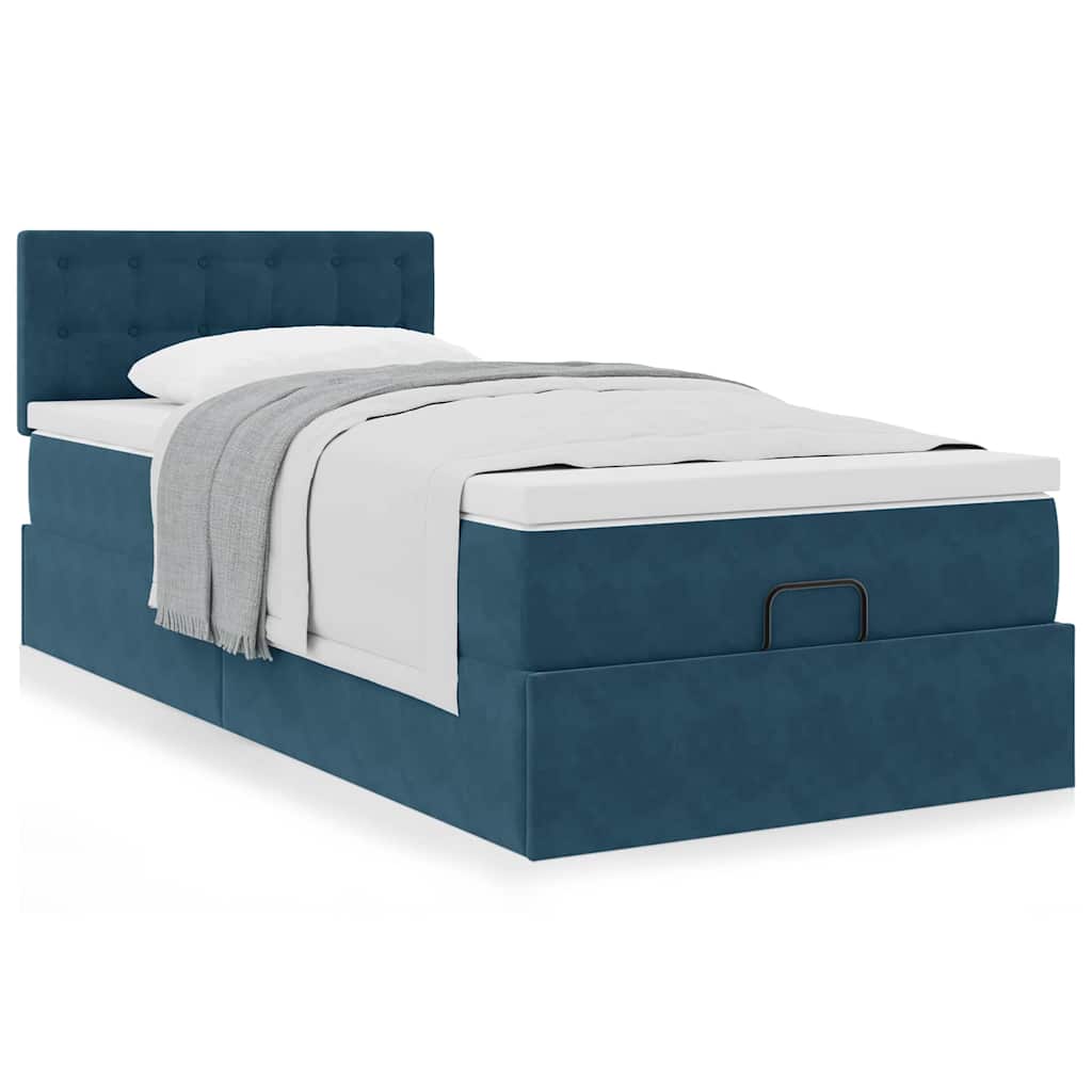 Estrutura de cama otomana com colchão azul escuro veludo
