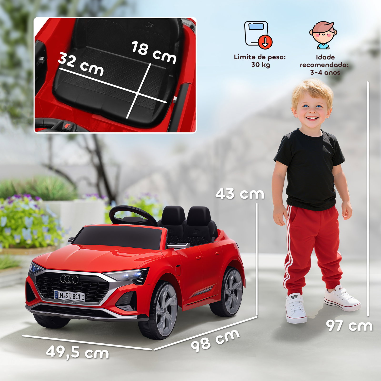 Carro elétrico para crianças carro audi q8 etron sportback infantil 12v faróis buzina e música 98x49,5x43 cm vermelho