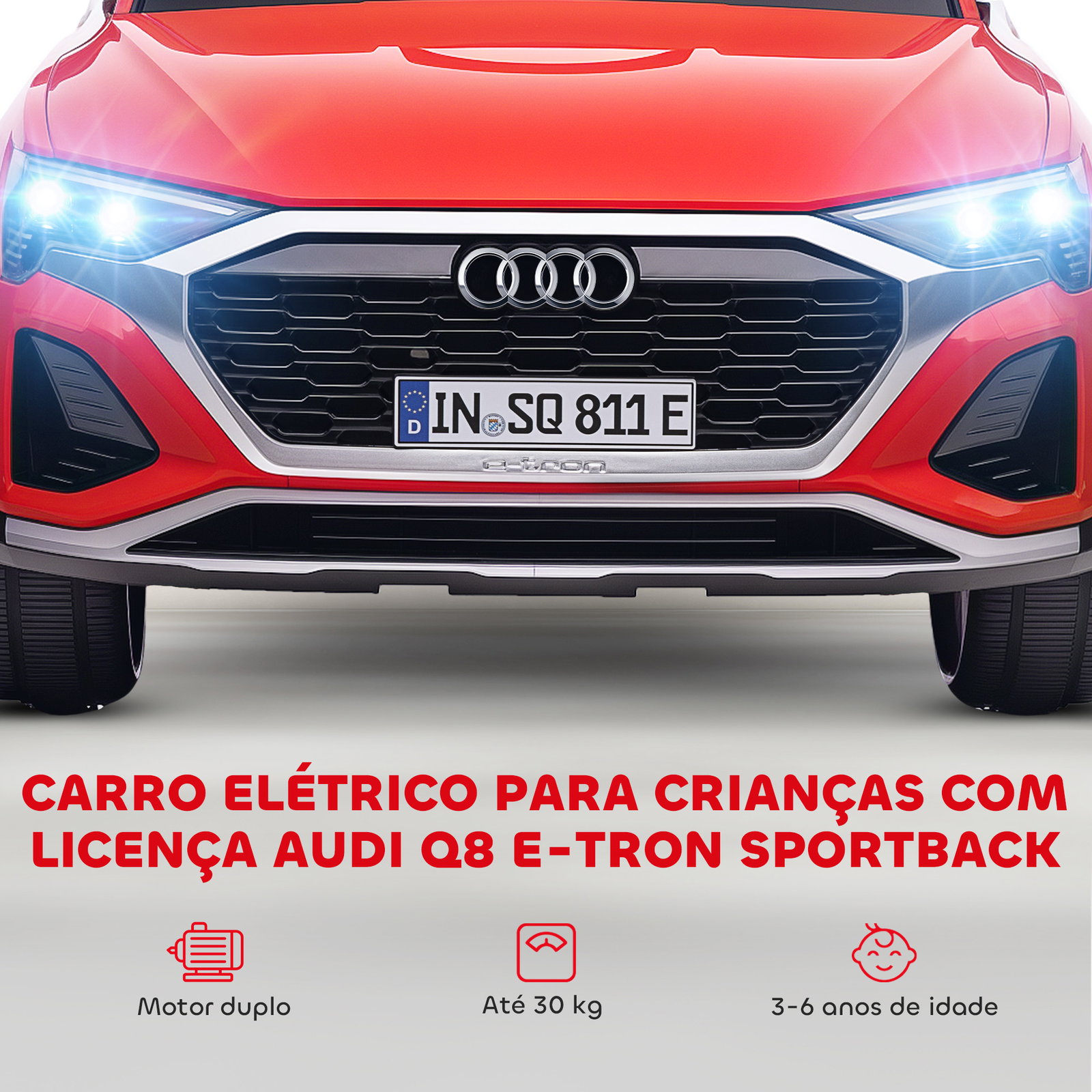 Carro elétrico para crianças carro audi q8 etron sportback infantil 12v faróis buzina e música 98x49,5x43 cm vermelho